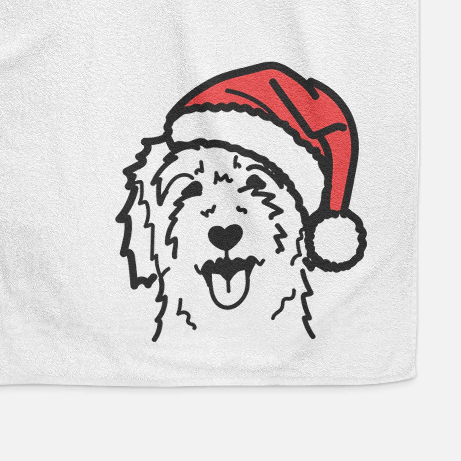 Minimalist line drawing of a Goldendoodle wearing a Santa hat on a decorative hand towel