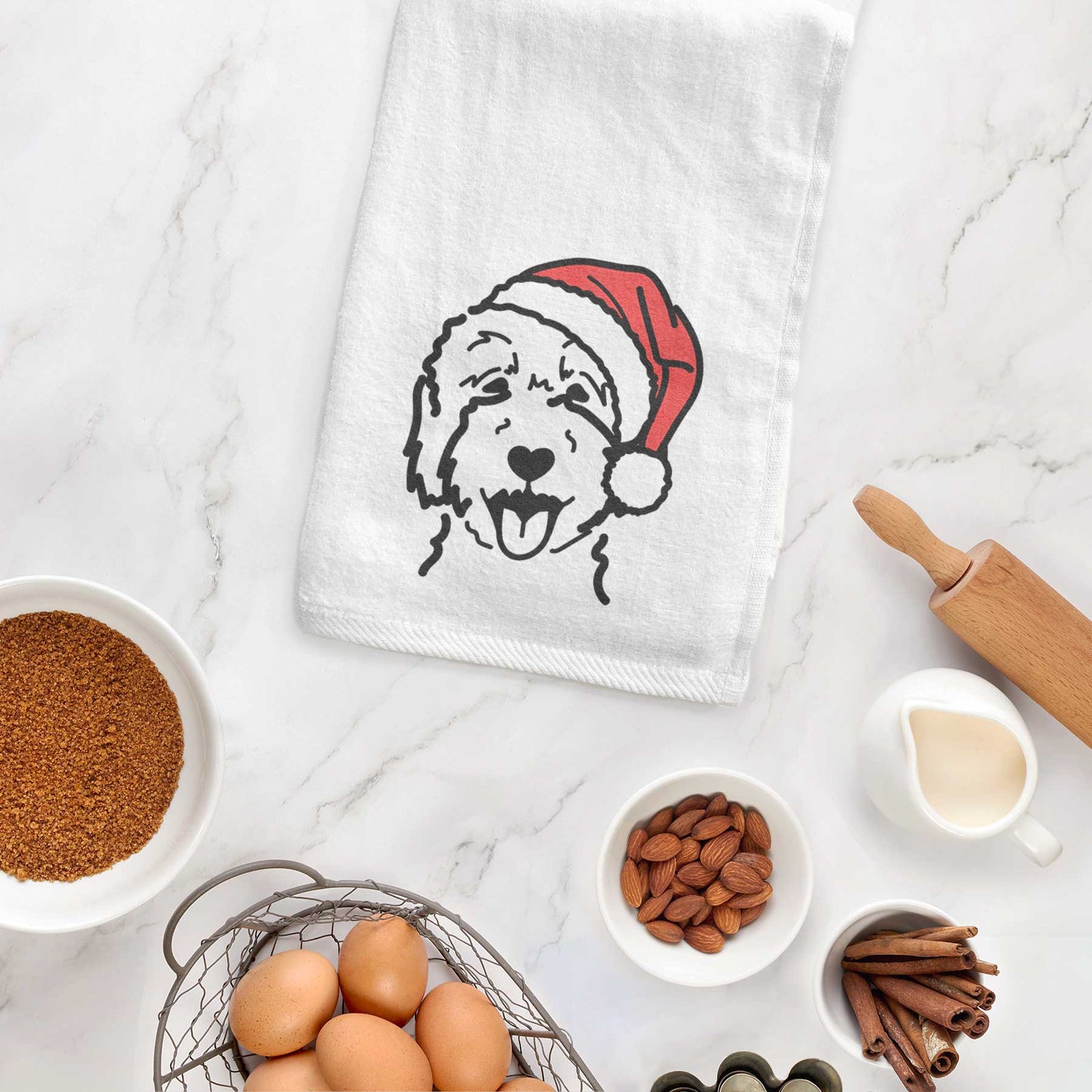 Minimalist line drawing of a Goldendoodle 2 wearing a Santa hat on a decorative hand towel