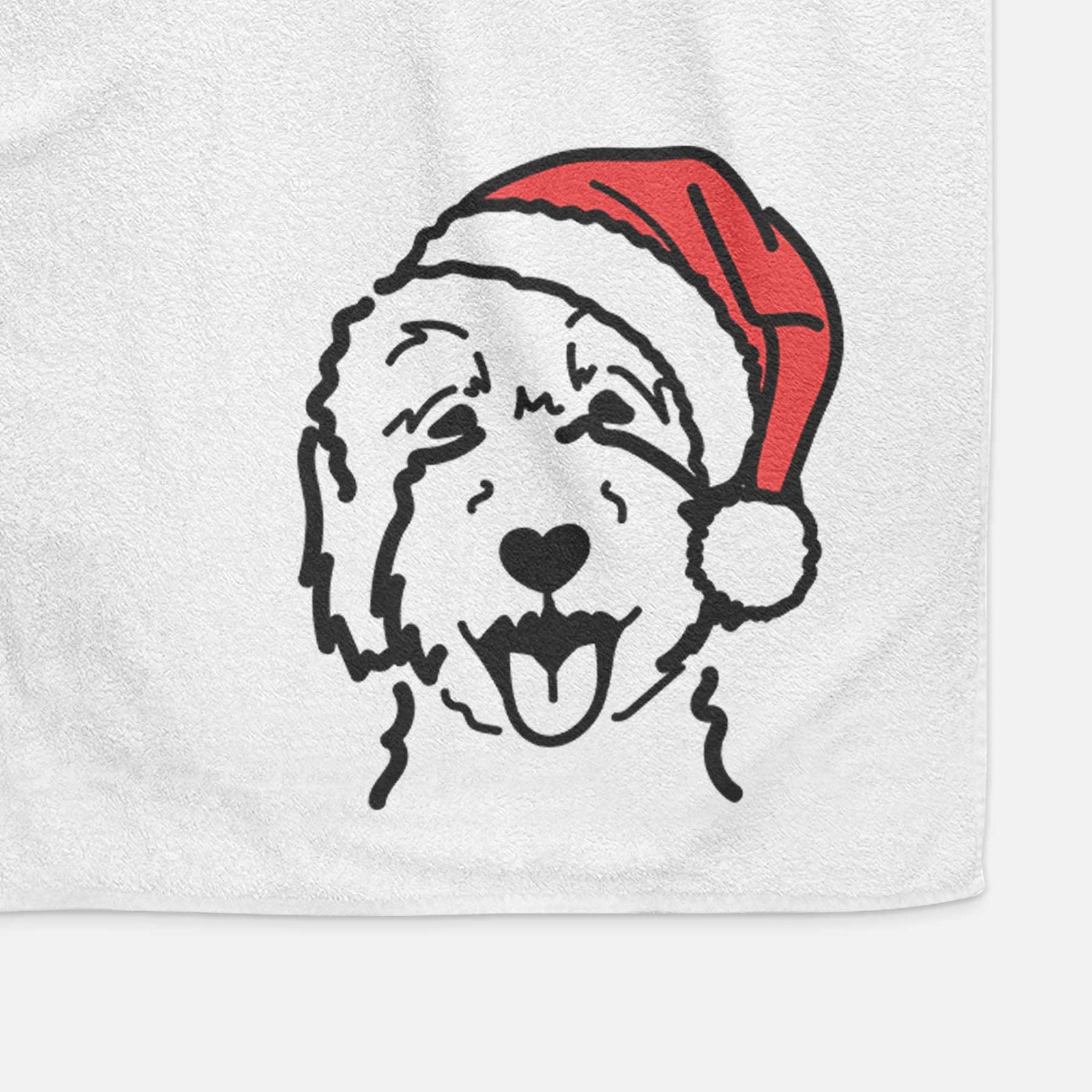 Minimalist line drawing of a Goldendoodle 2 wearing a Santa hat on a decorative hand towel