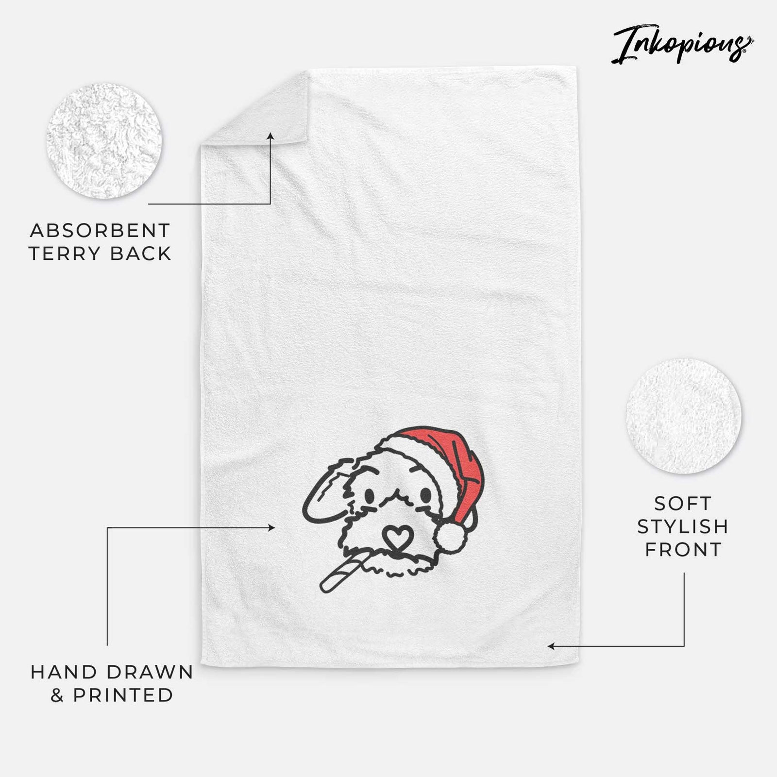 Minimalist line drawing of Gomer the Poodle Mix wearing a Santa hat on a decorative hand towel