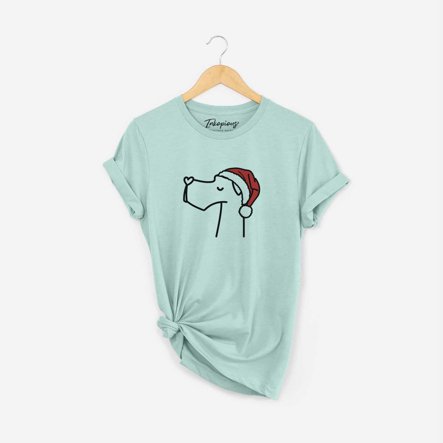 Minimalist line drawing of a Great Dane wearing a Santa hat on a Heather Sage Unisex crewneck
