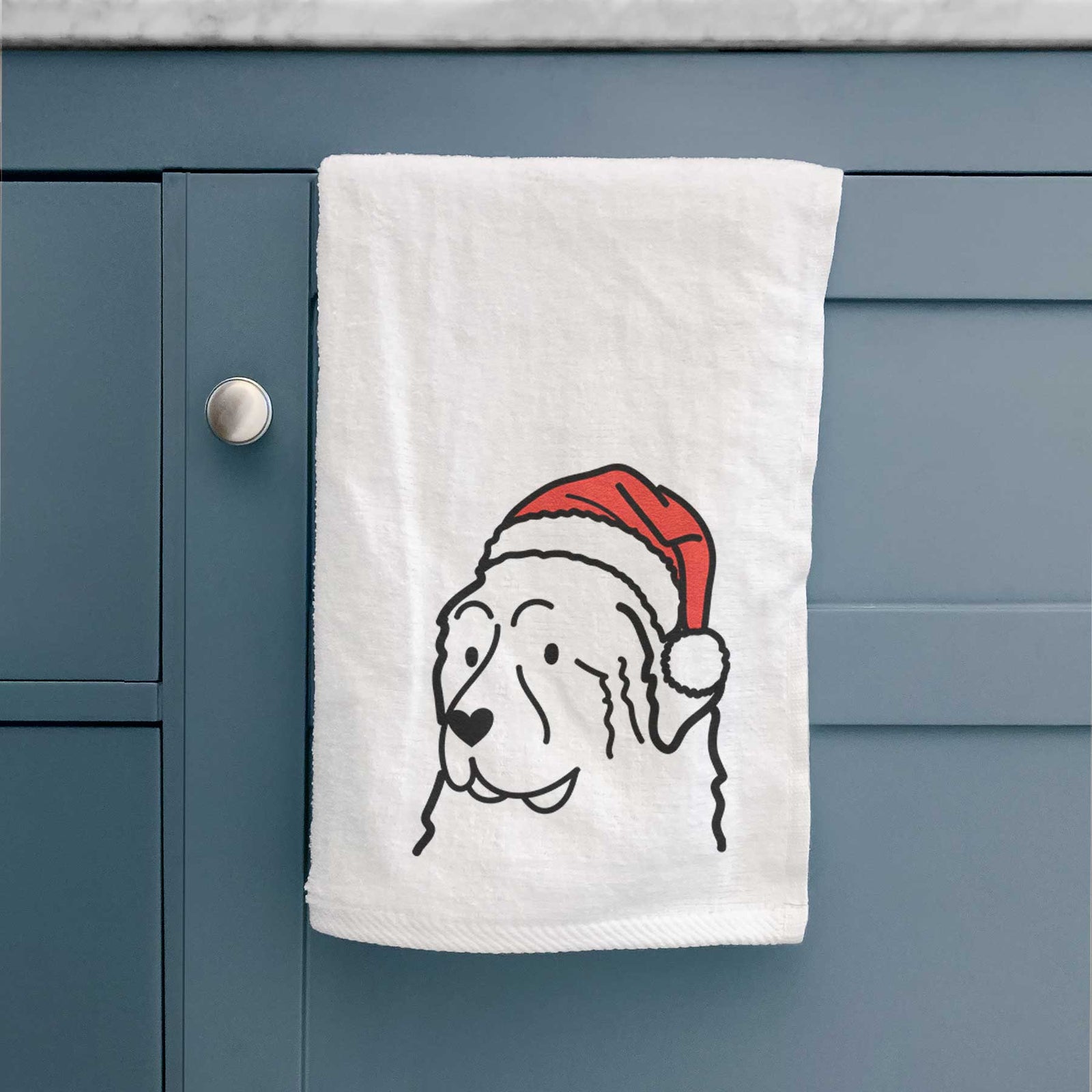 Minimalist line drawing of a Great Pyrenees wearing a Santa hat on a decorative hand towel