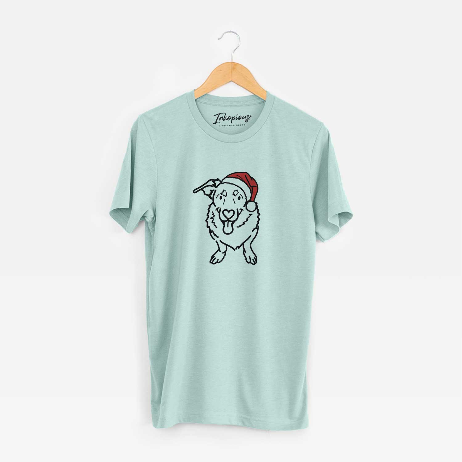 Minimalist line drawing of Gretchen the Basset Hound German Shepherd Mix wearing a Santa hat on a Heather Sage Unisex crewneck