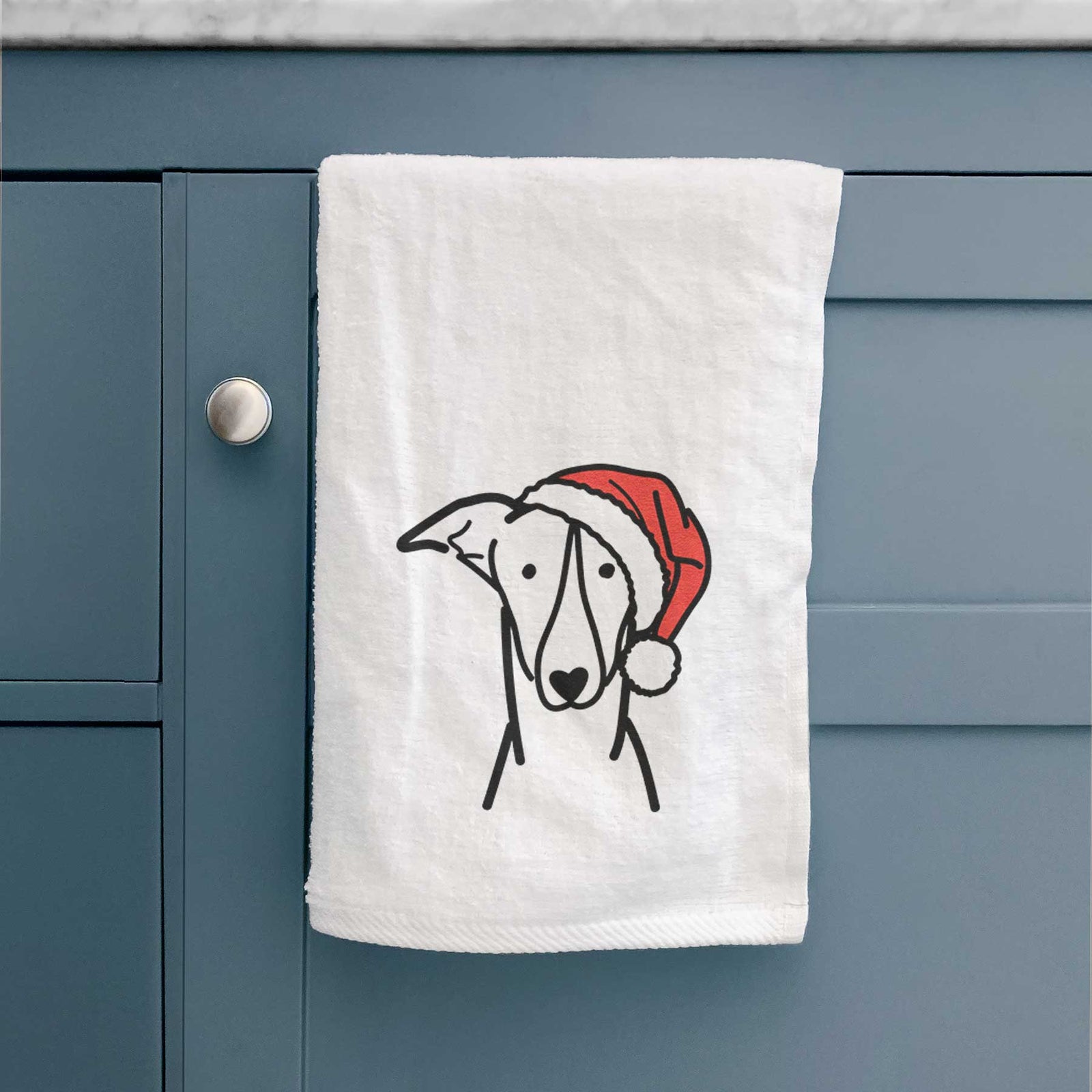 Minimalist line drawing of a Greyhound wearing a Santa hat on a decorative hand towel