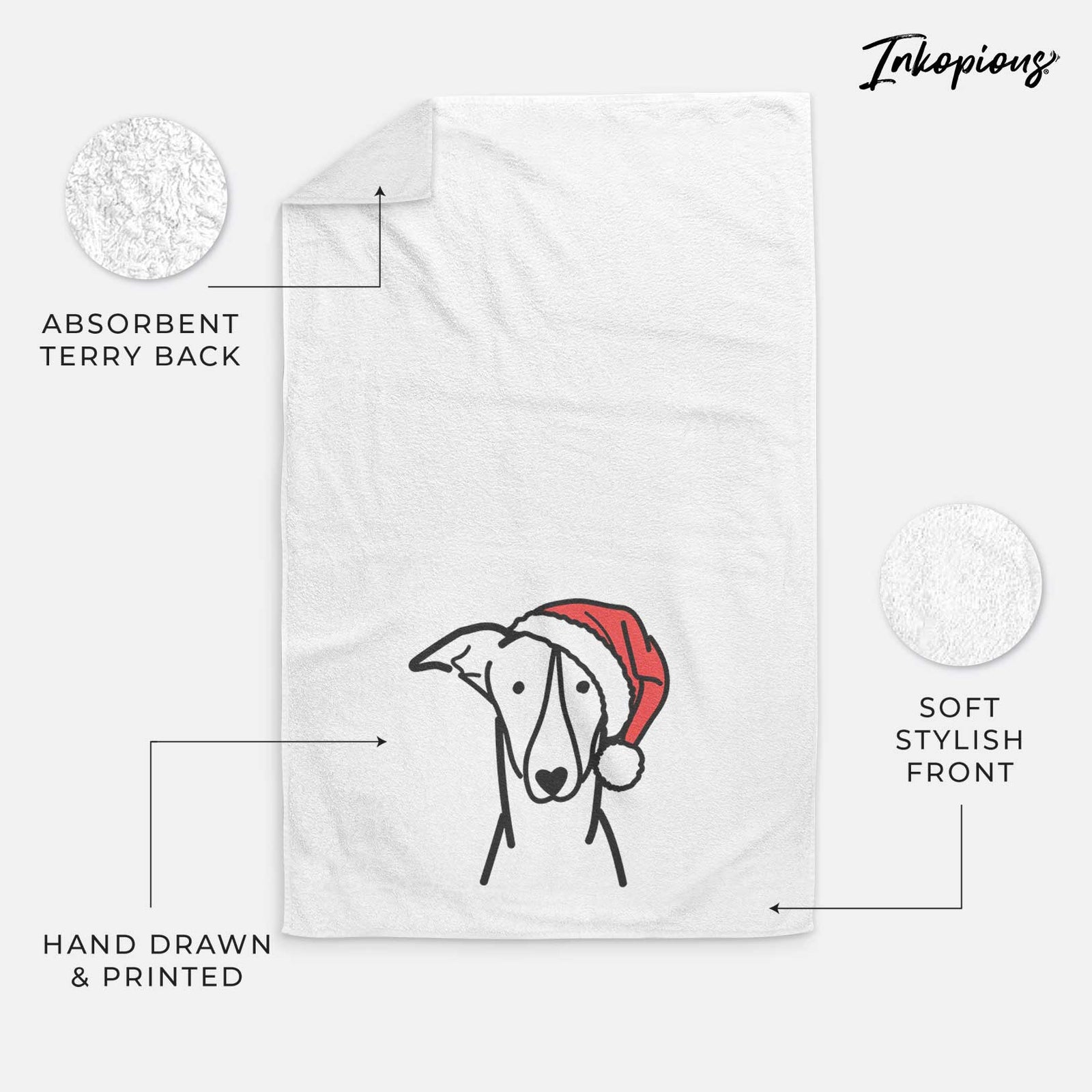 Minimalist line drawing of a Greyhound wearing a Santa hat on a decorative hand towel