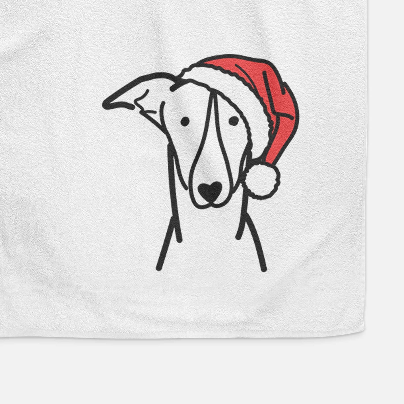 Minimalist line drawing of a Greyhound wearing a Santa hat on a decorative hand towel