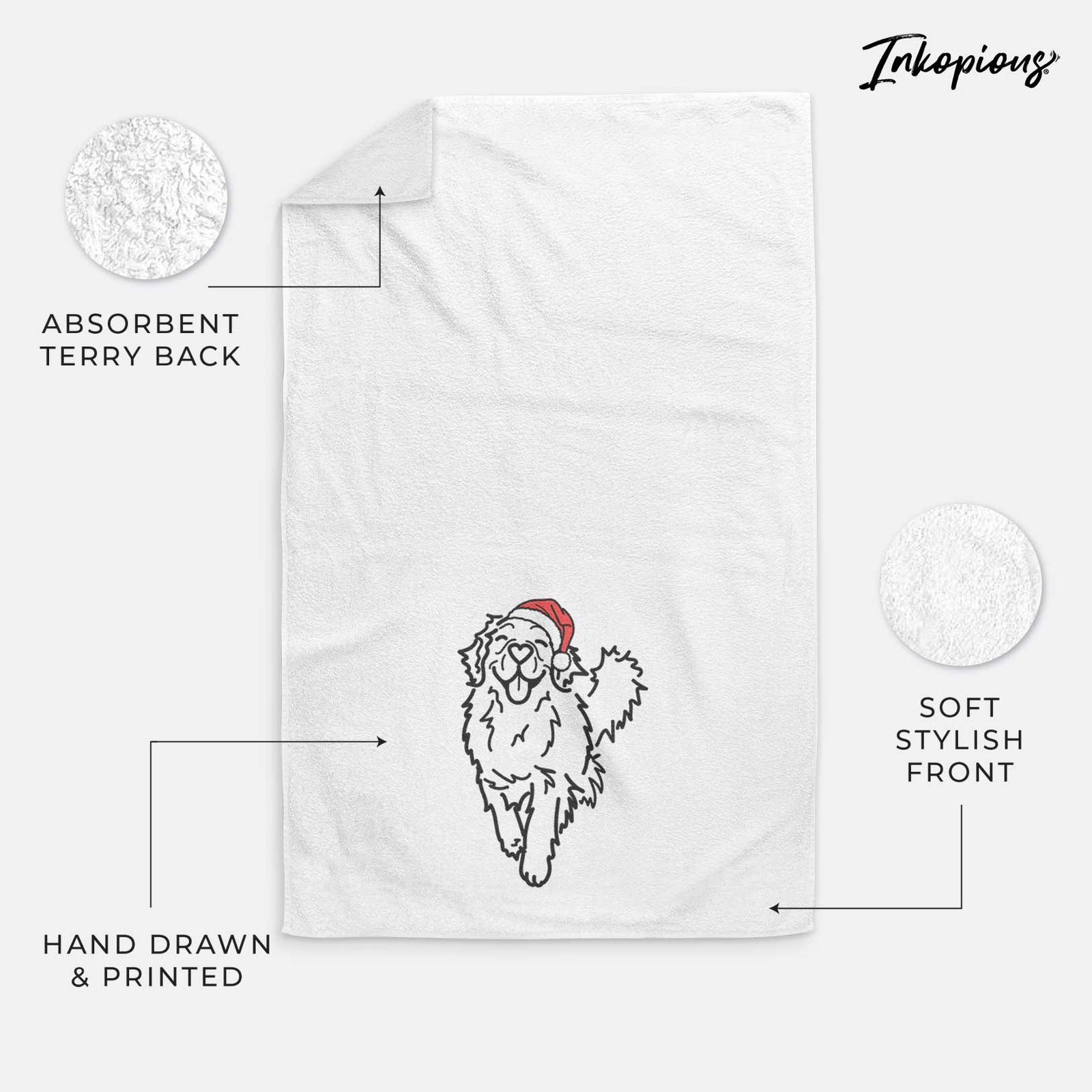 Minimalist line drawing of Hamlet the Golden Retriever wearing a Santa hat on a decorative hand towel