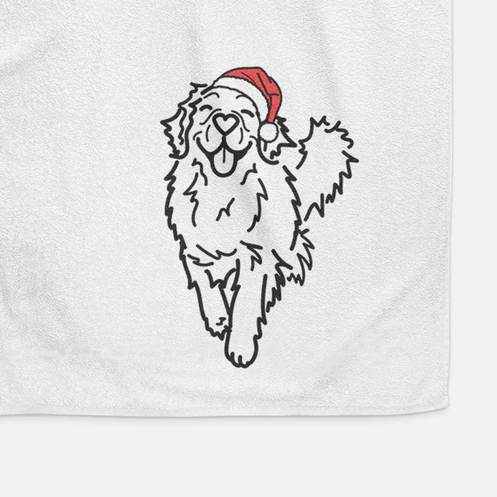 Minimalist line drawing of Hamlet the Golden Retriever wearing a Santa hat on a decorative hand towel