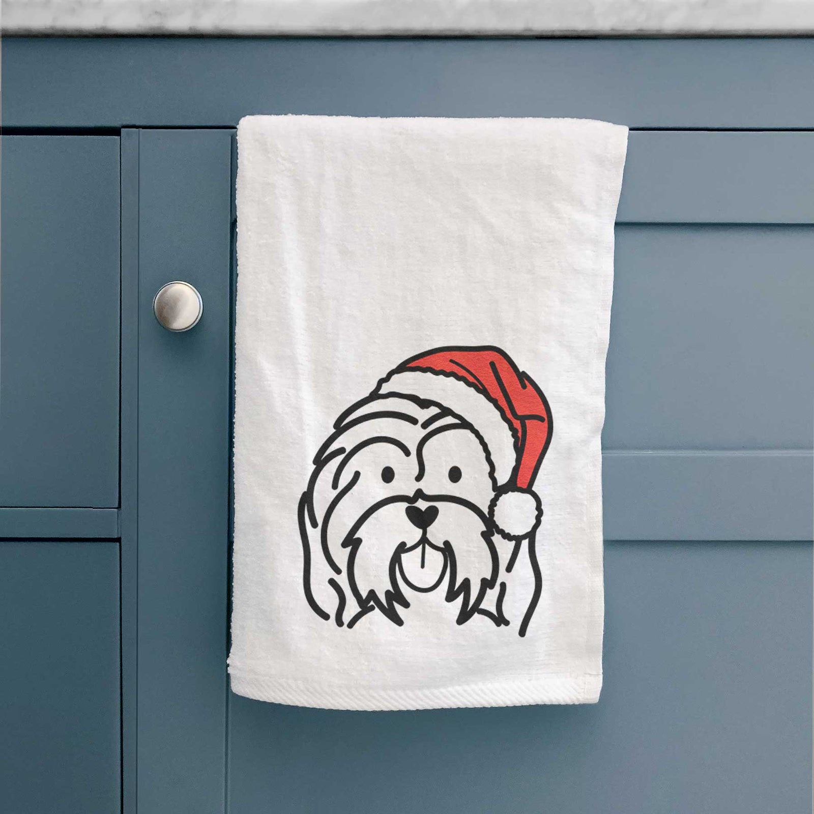 Minimalist line drawing of a Havanese wearing a Santa hat on a decorative hand towel