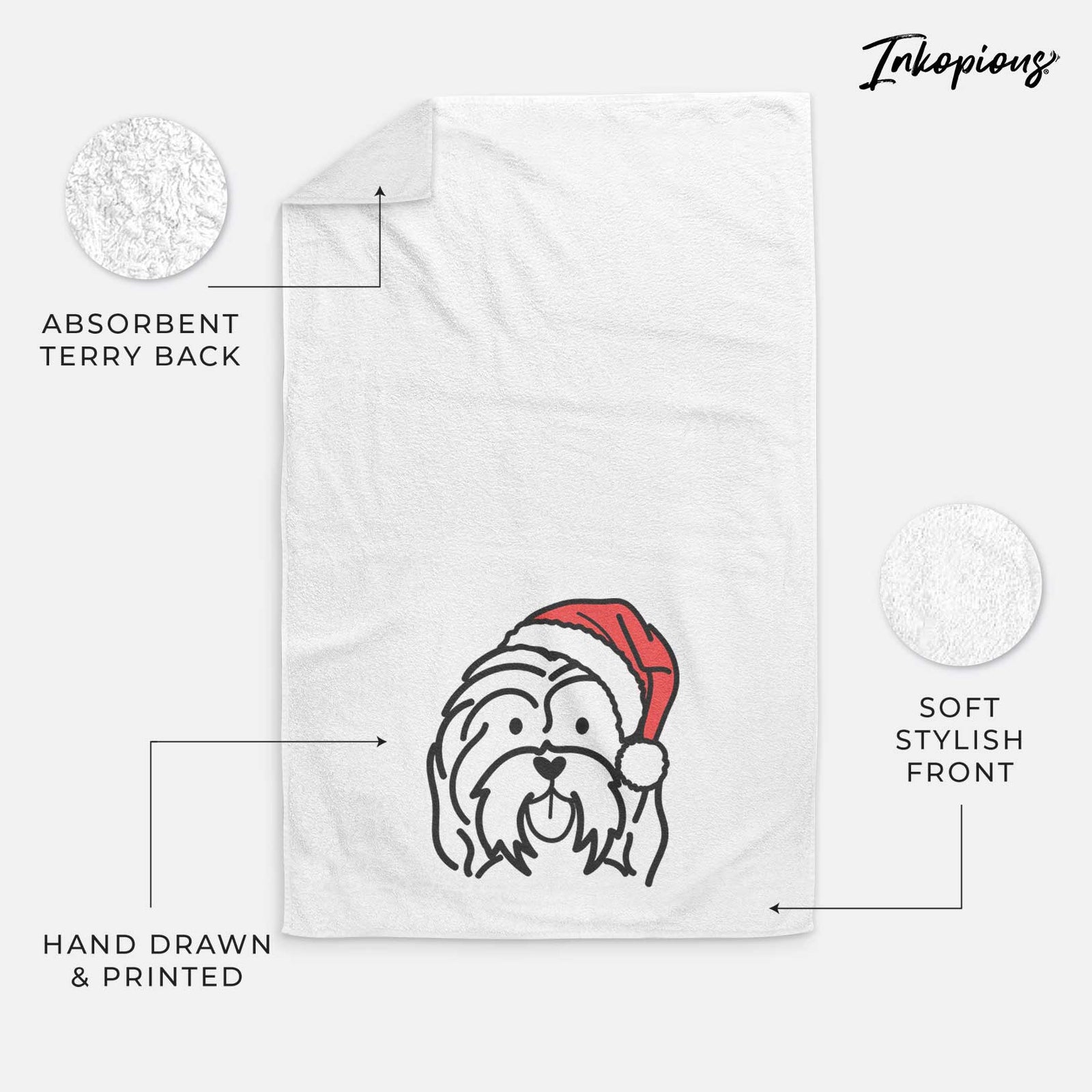 Minimalist line drawing of a Havanese wearing a Santa hat on a decorative hand towel