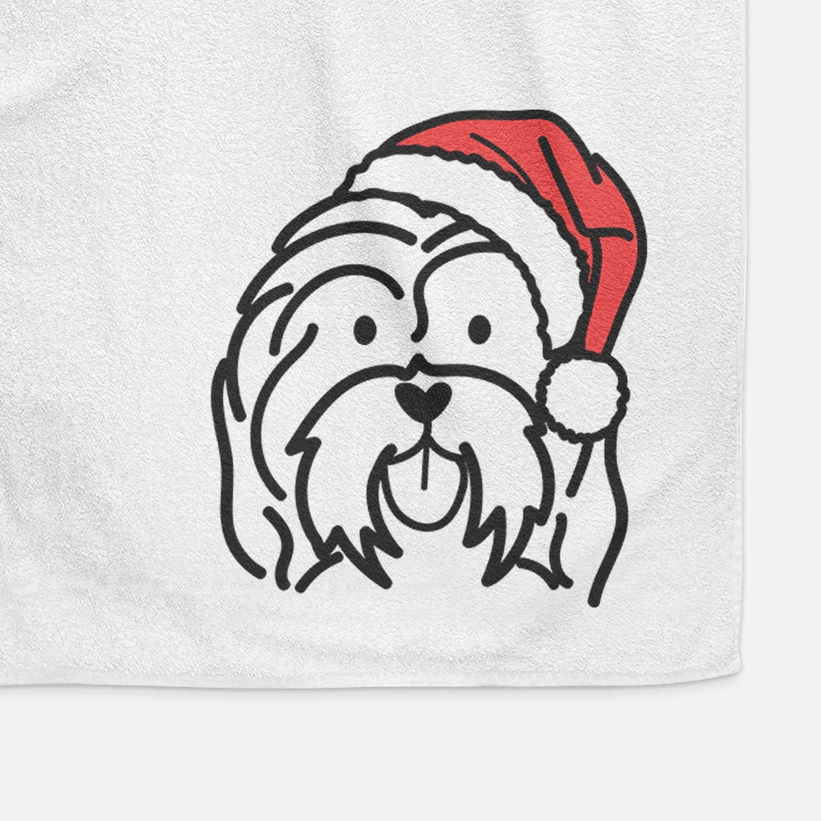 Minimalist line drawing of a Havanese wearing a Santa hat on a decorative hand towel