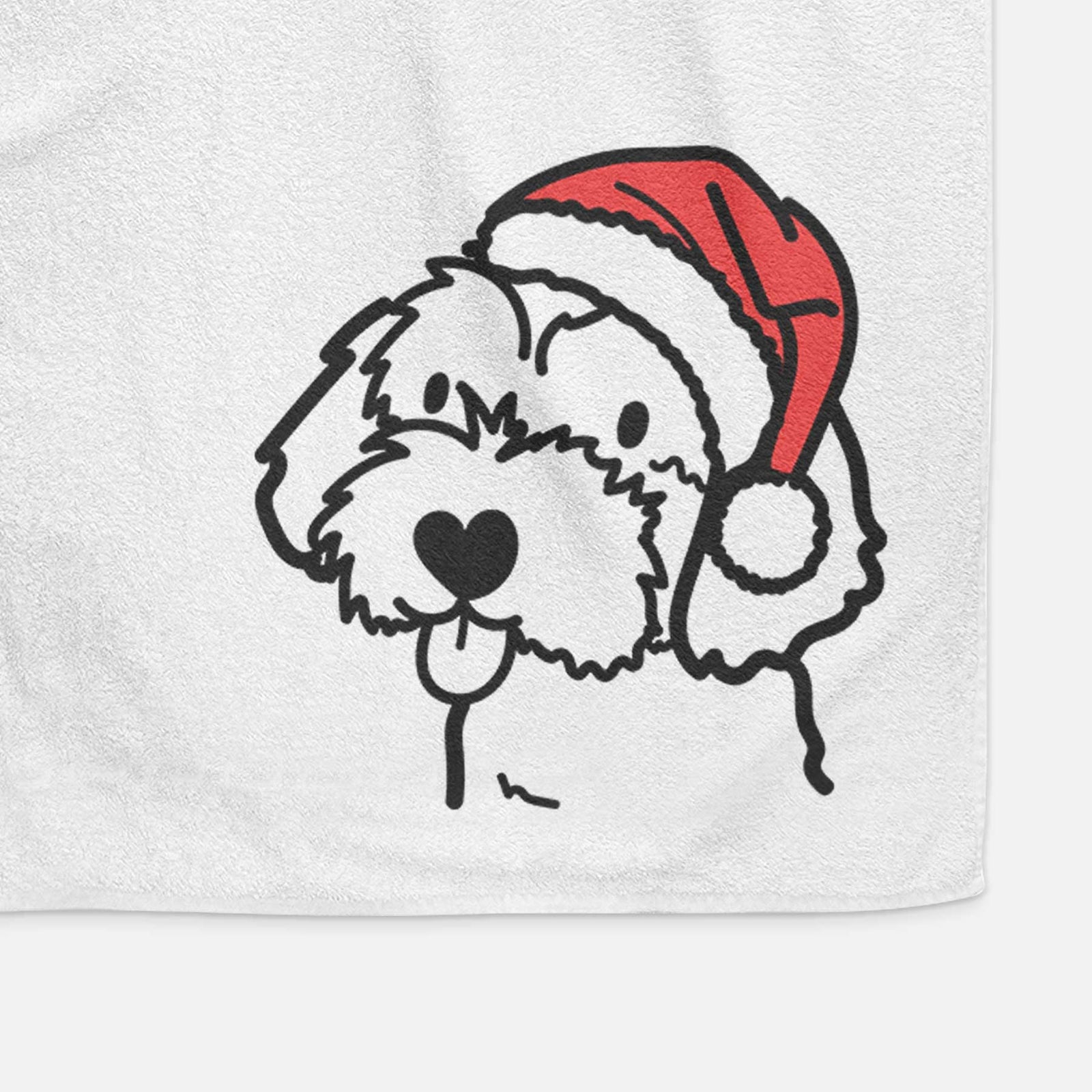 Minimalist line drawing of a Havapoo wearing a Santa hat on a decorative hand towel