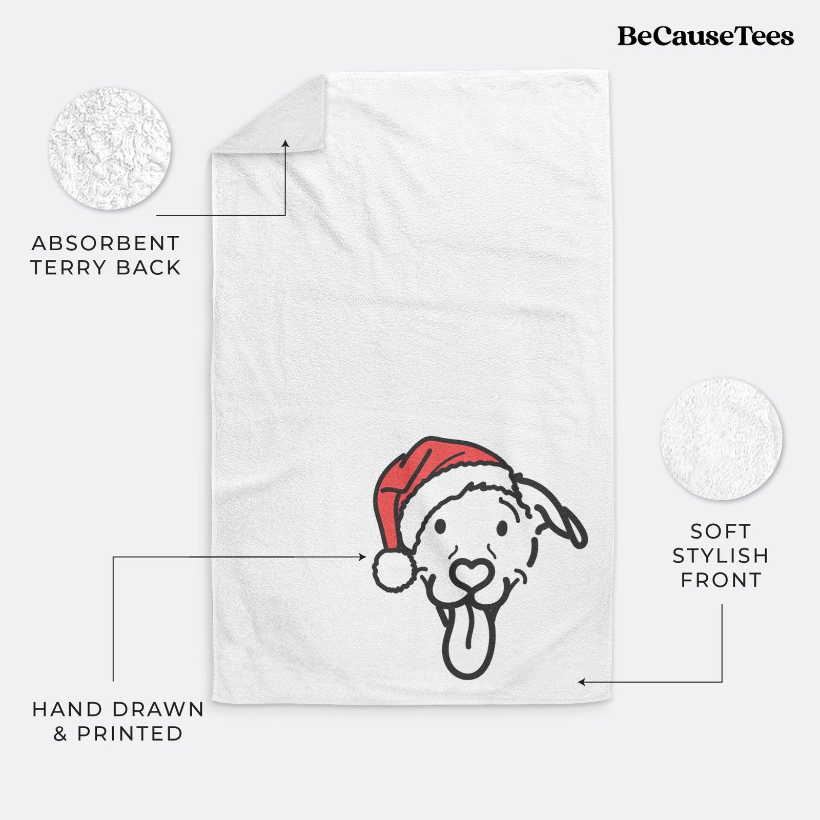 Minimalist line drawing of Hemi the Pitbull Mix wearing a Santa hat on a decorative hand towel