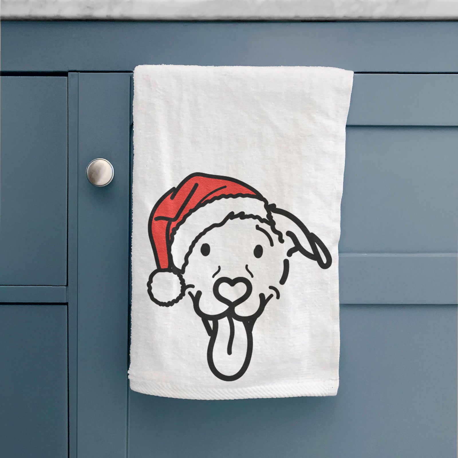 Minimalist line drawing of Hemi the Pitbull Mix wearing a Santa hat on a decorative hand towel