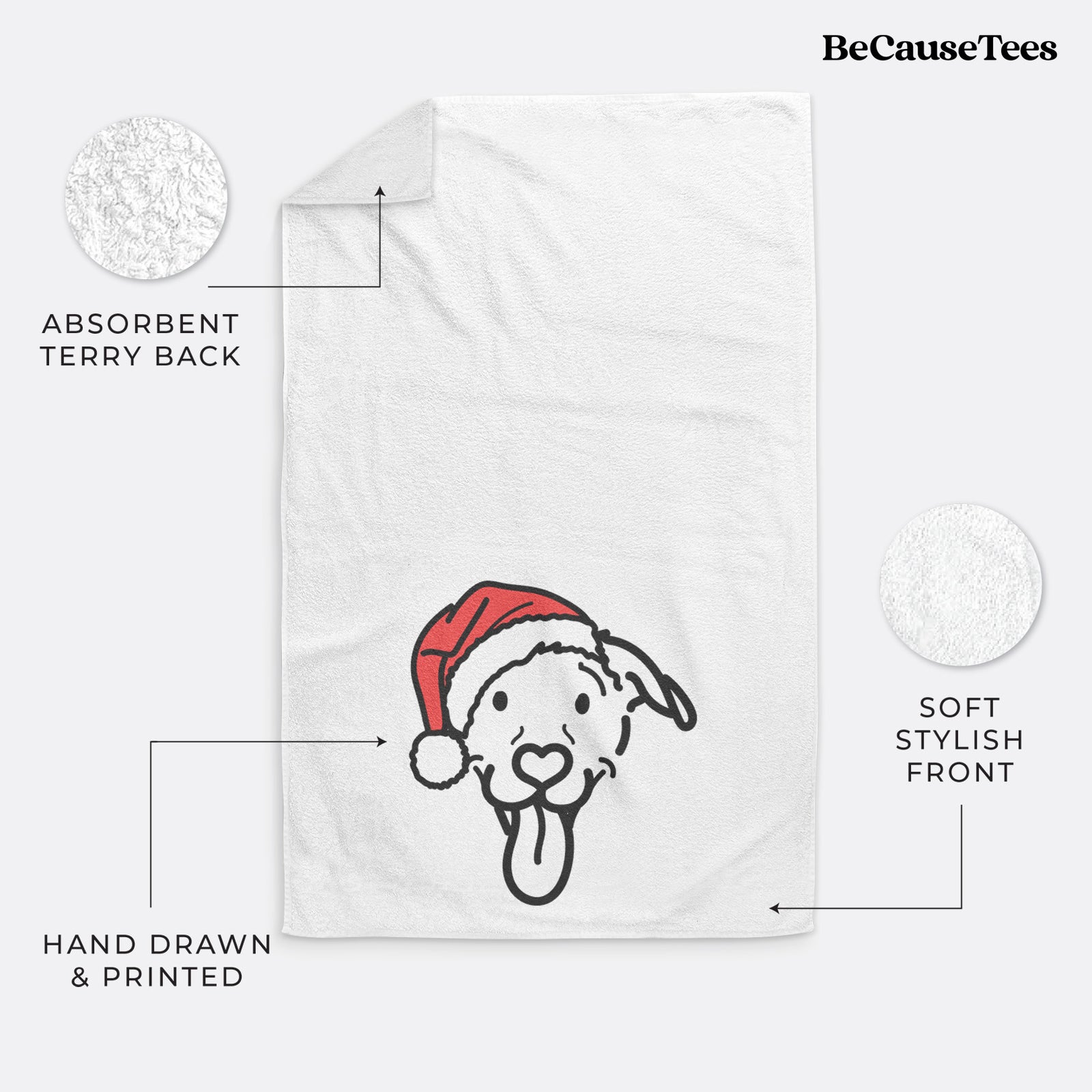 Minimalist line drawing of Hemi the Pitbull Mix wearing a Santa hat on a decorative hand towel