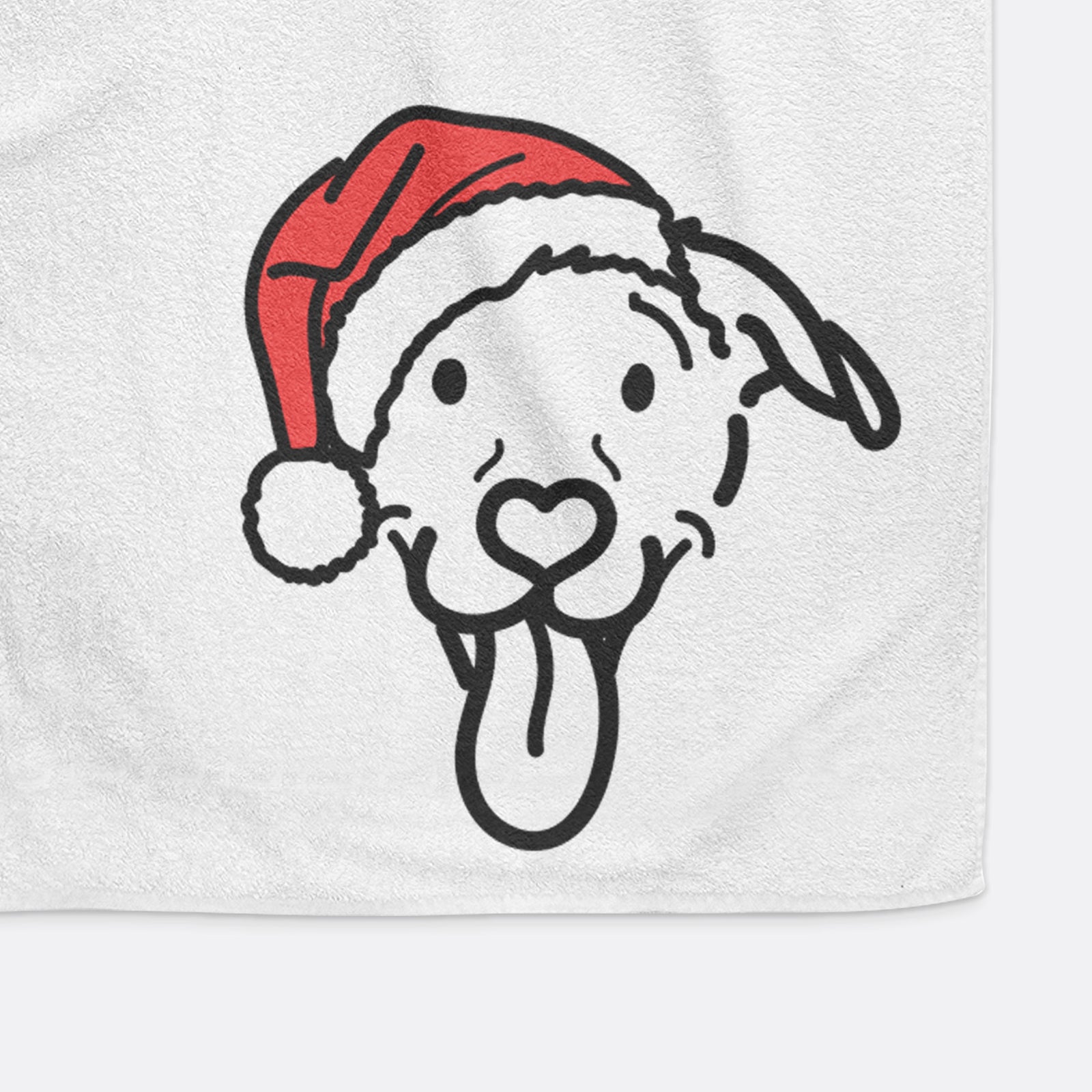 Minimalist line drawing of Hemi the Pitbull Mix wearing a Santa hat on a decorative hand towel