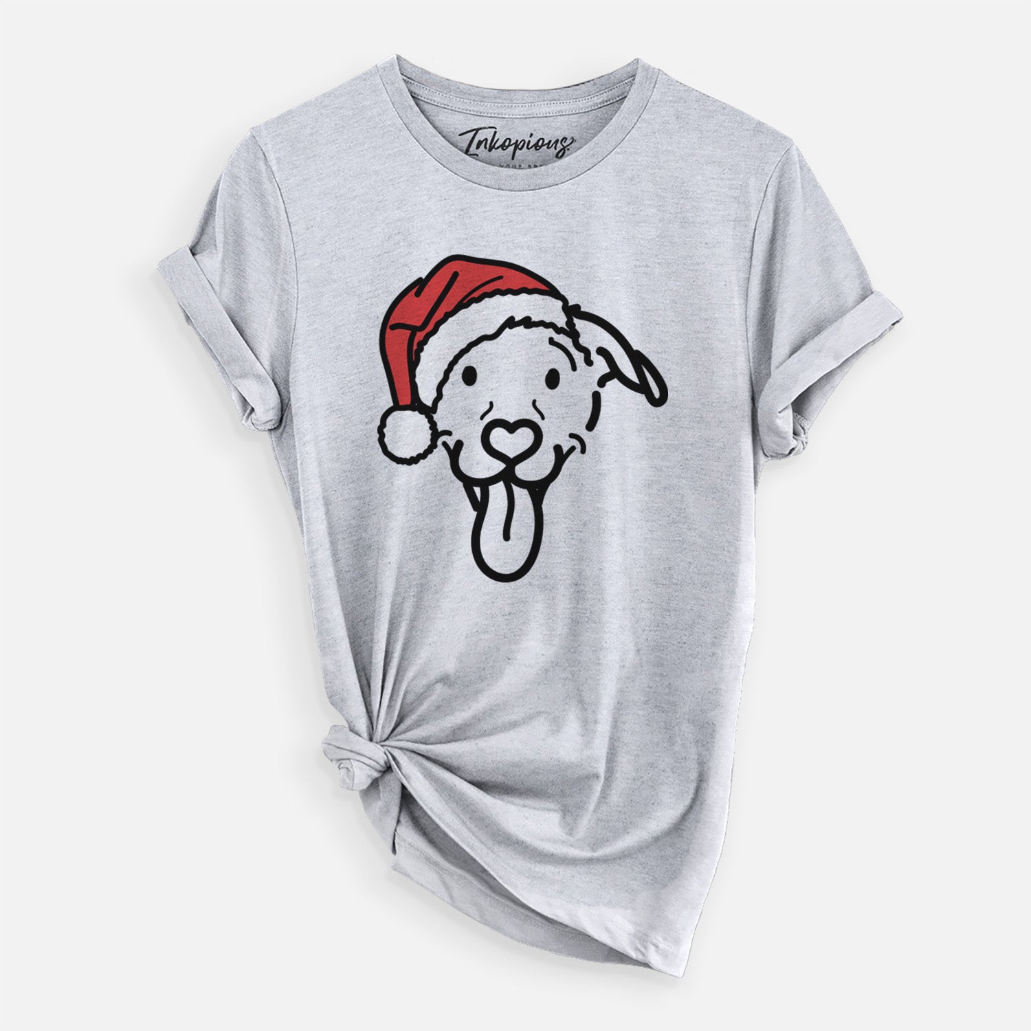 Minimalist line drawing of Hemi the Pitbull Mix wearing a Santa hat on a Grey Unisex crewneck
