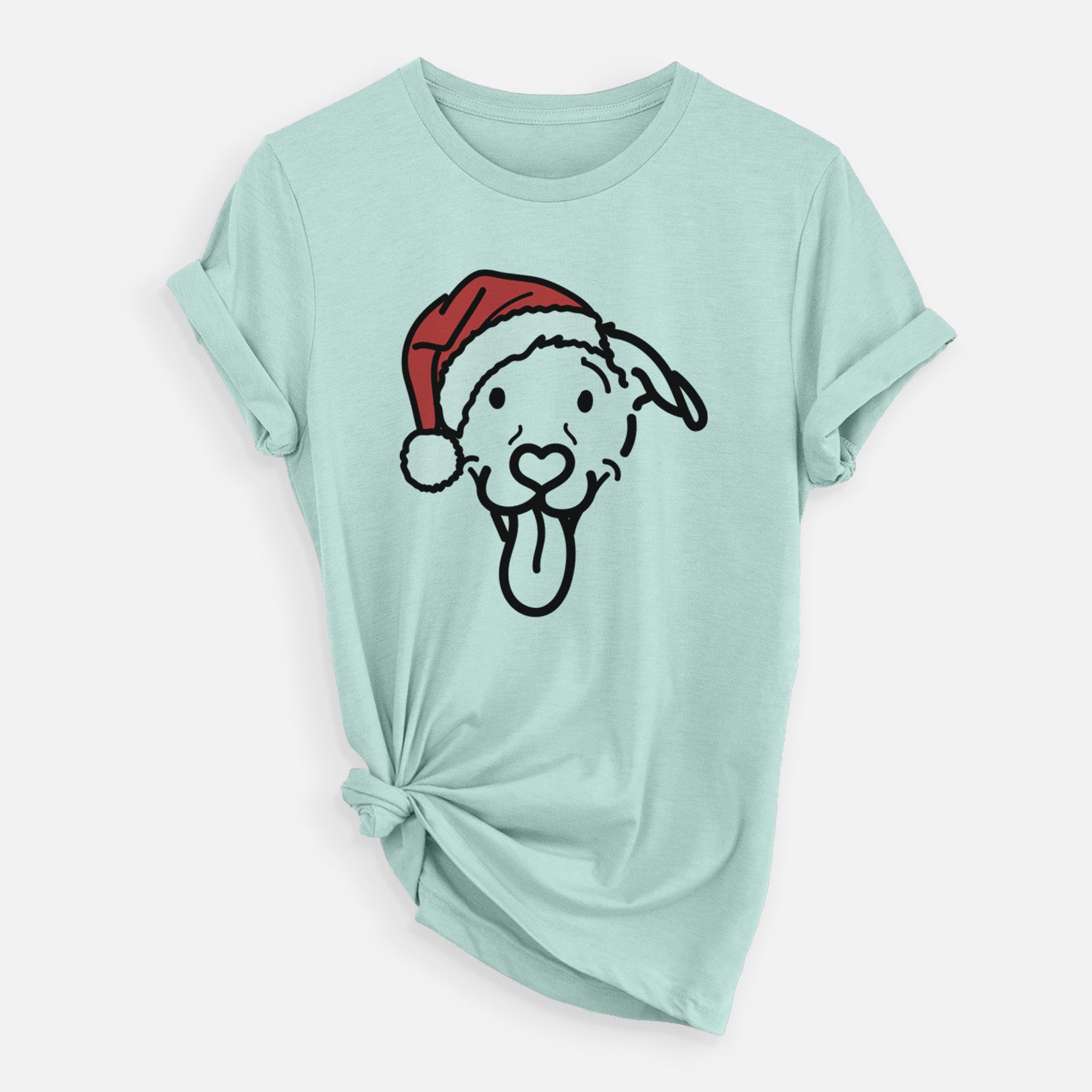 Minimalist line drawing of Hemi the Pitbull Mix wearing a Santa hat on a Heather Sage Unisex crewneck