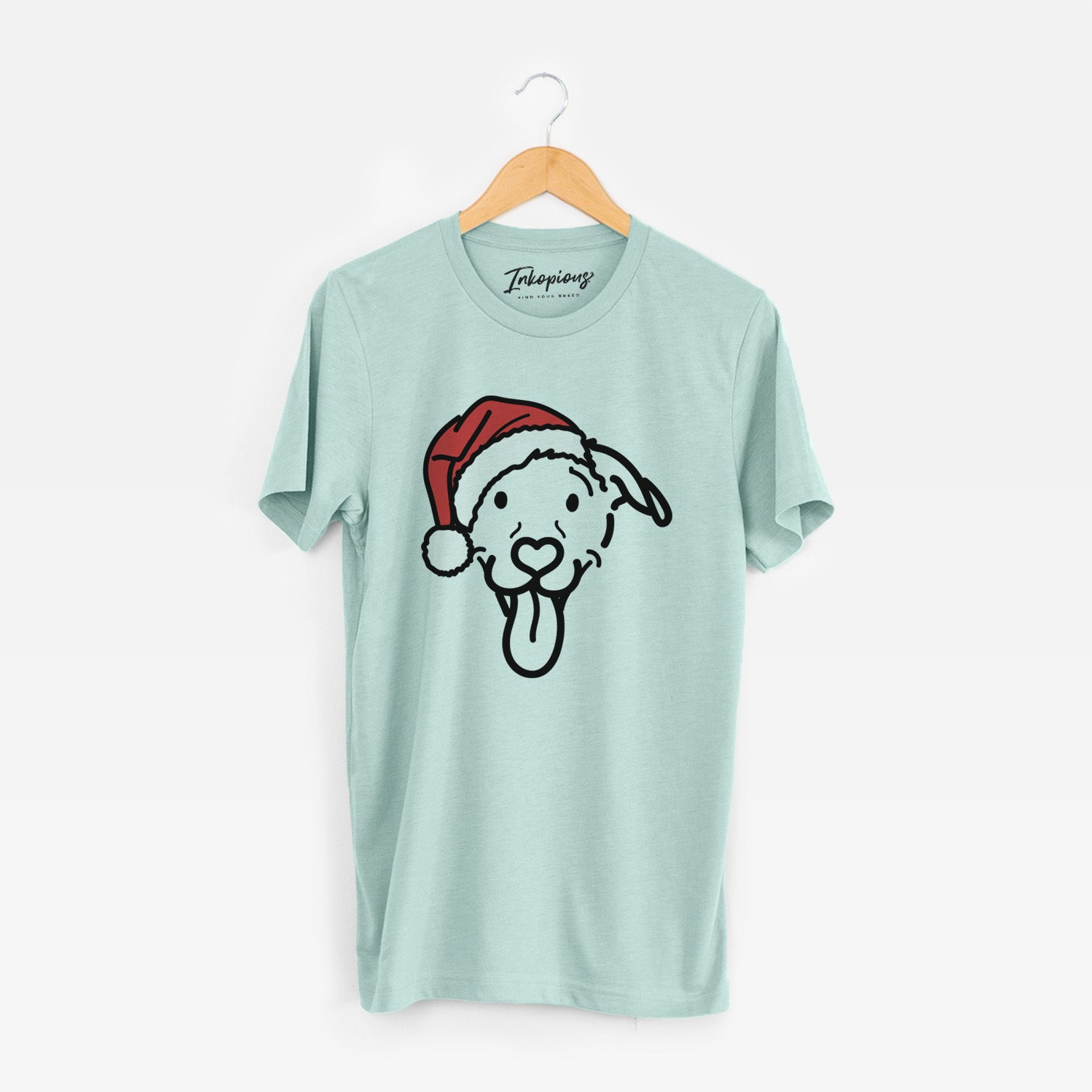 Minimalist line drawing of Hemi the Pitbull Mix wearing a Santa hat on a Heather Sage Unisex crewneck
