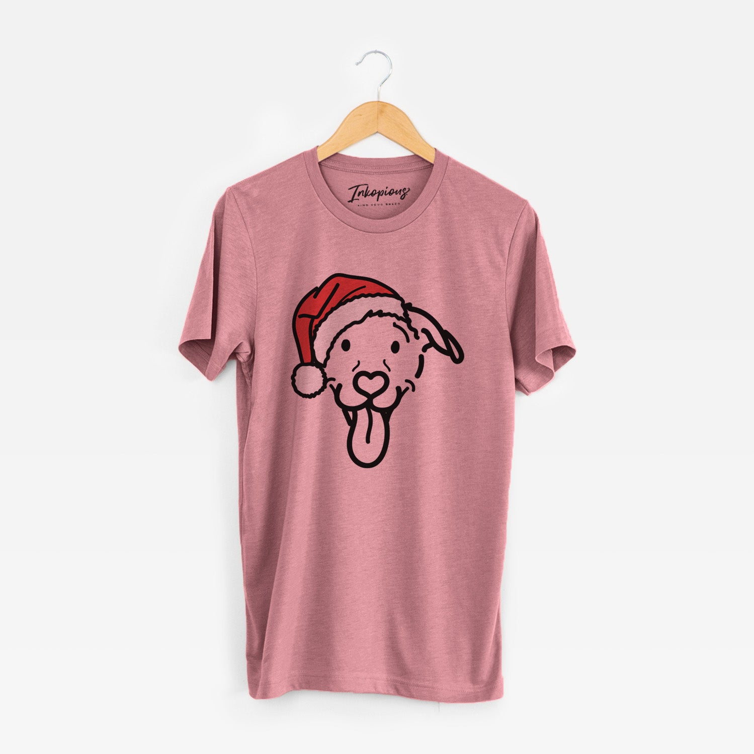 Minimalist line drawing of Hemi the Pitbull Mix wearing a Santa hat on a Mauve Unisex crewneck