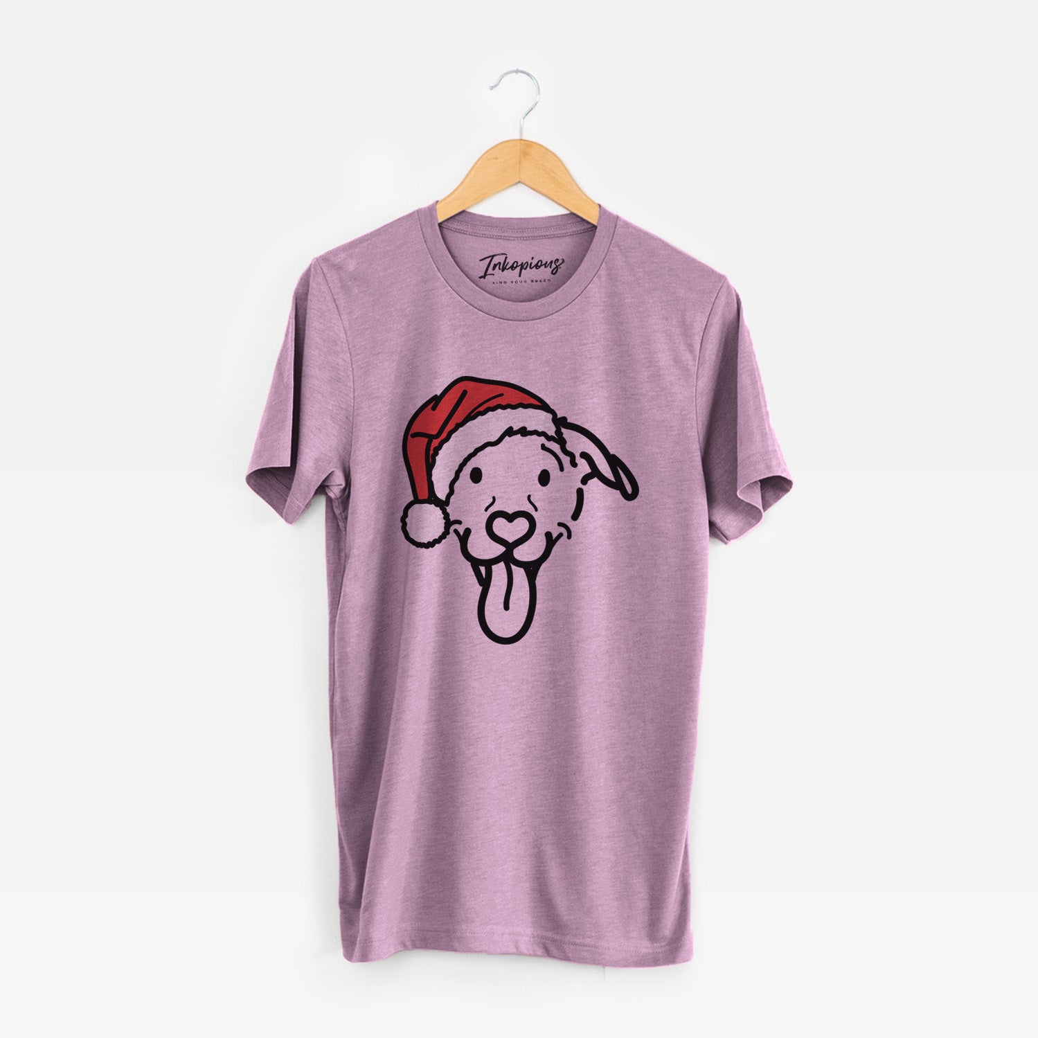Minimalist line drawing of Hemi the Pitbull Mix wearing a Santa hat on an Orchid Unisex crewneck