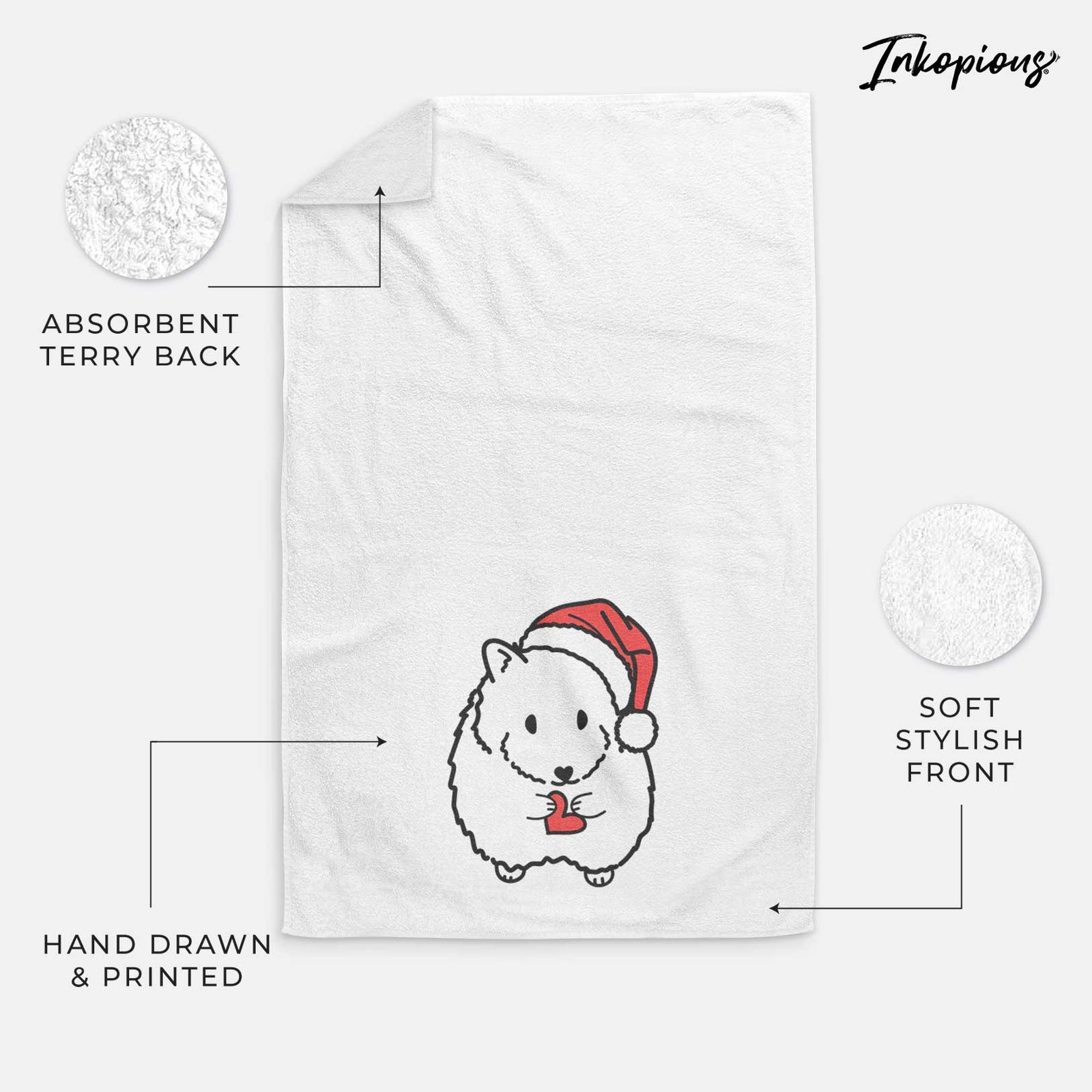 Minimalist line drawing of Hilga the Hamster wearing a Santa hat on a decorative hand towel