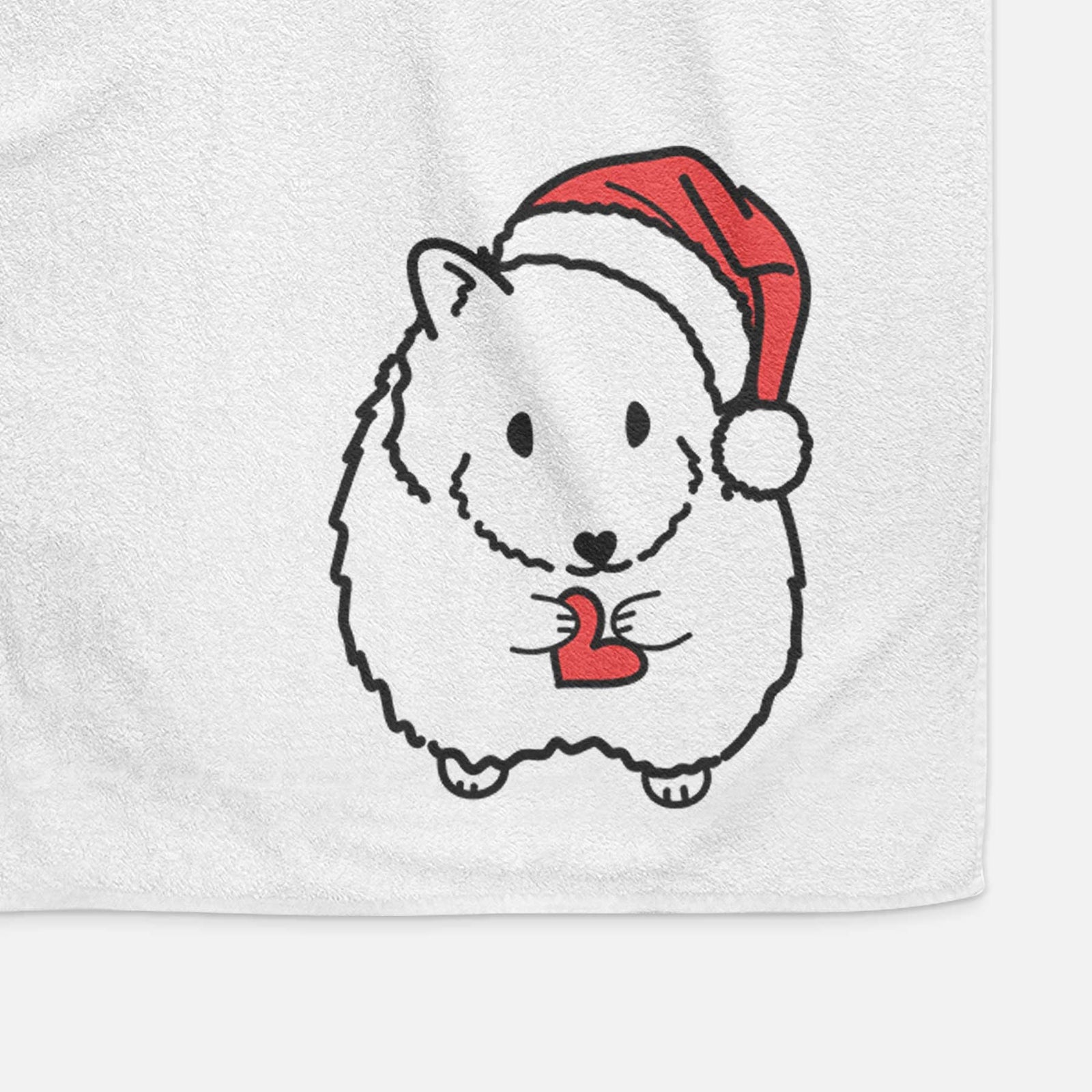 Minimalist line drawing of Hilga the Hamster wearing a Santa hat on a decorative hand towel