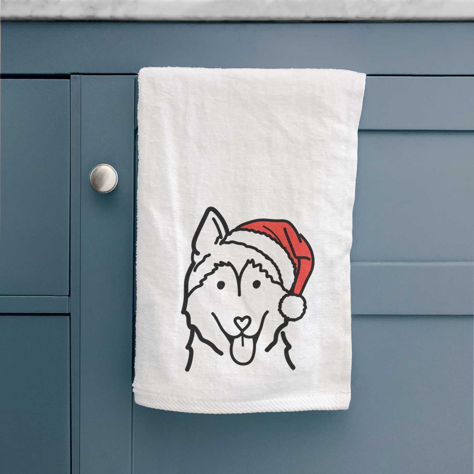 Minimalist line drawing of a Siberian Husky wearing a Santa hat on a decorative hand towel