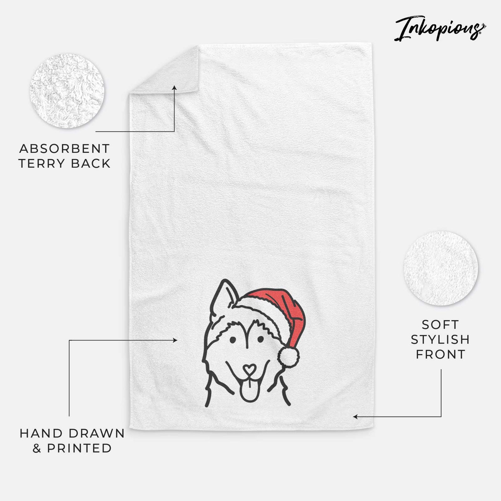 Minimalist line drawing of a Siberian Husky wearing a Santa hat on a decorative hand towel