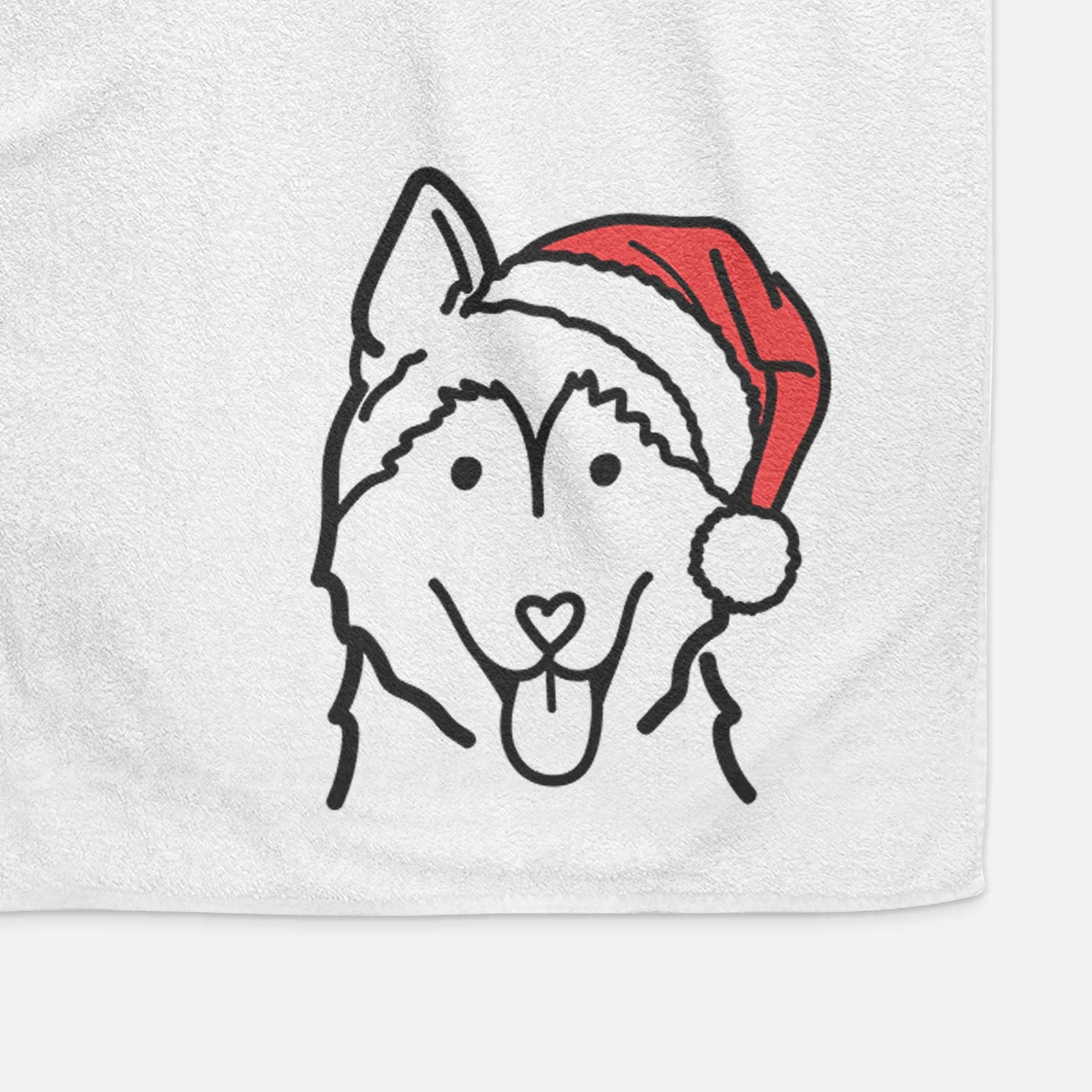 Minimalist line drawing of a Siberian Husky wearing a Santa hat on a decorative hand towel