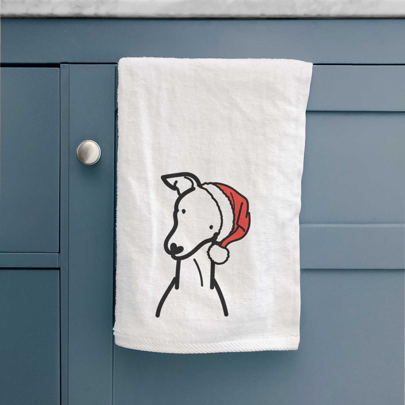 Minimalist line drawing of an Italian Greyhound wearing a Santa hat on a decorative hand towel