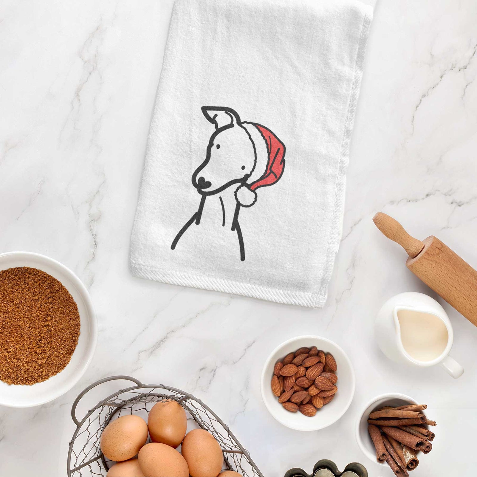 Minimalist line drawing of an Italian Greyhound wearing a Santa hat on a decorative hand towel