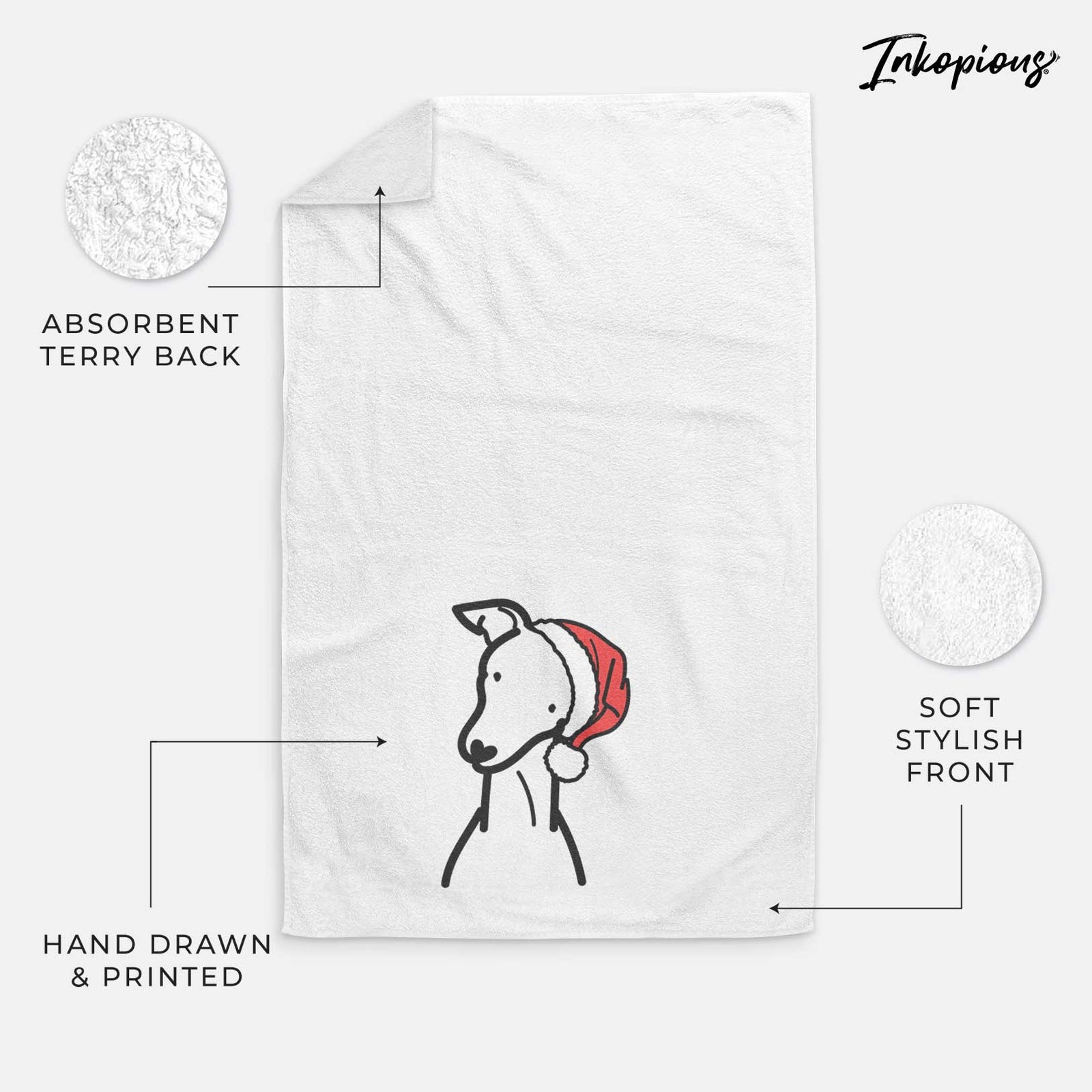 Minimalist line drawing of an Italian Greyhound wearing a Santa hat on a decorative hand towel