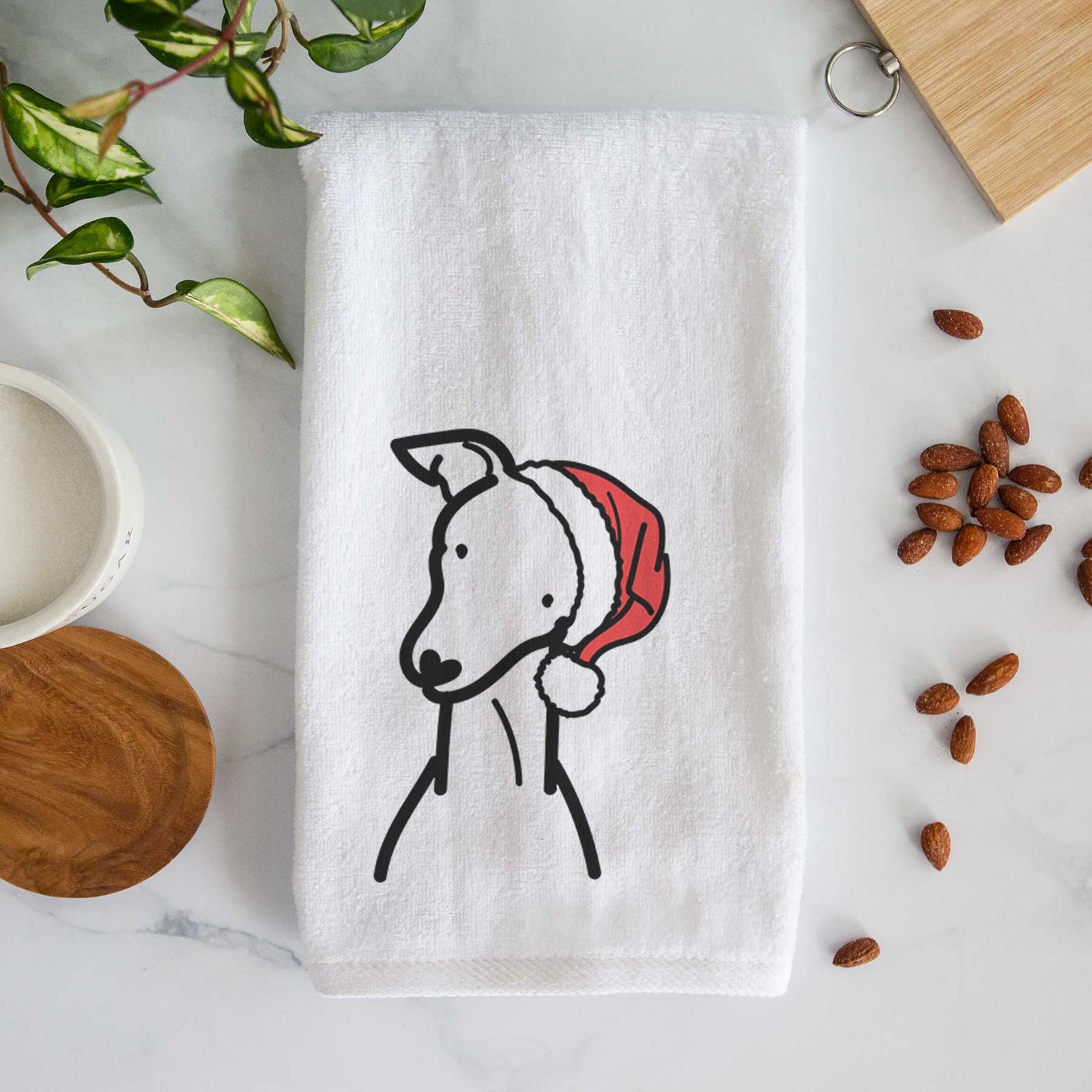 Minimalist line drawing of an Italian Greyhound wearing a Santa hat on a decorative hand towel