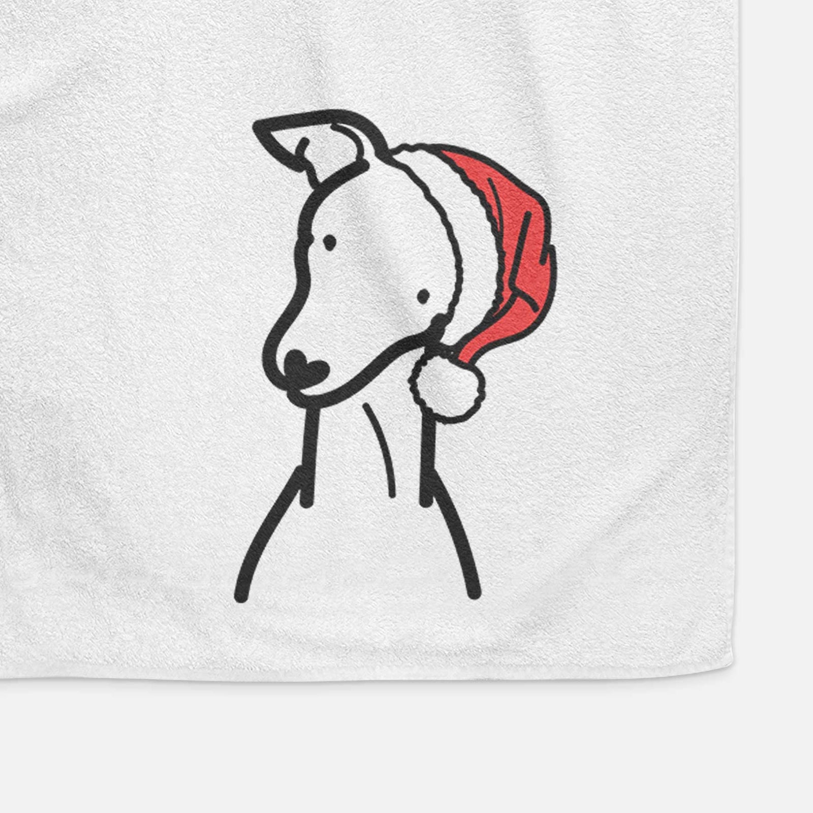 Minimalist line drawing of an Italian Greyhound wearing a Santa hat on a decorative hand towel