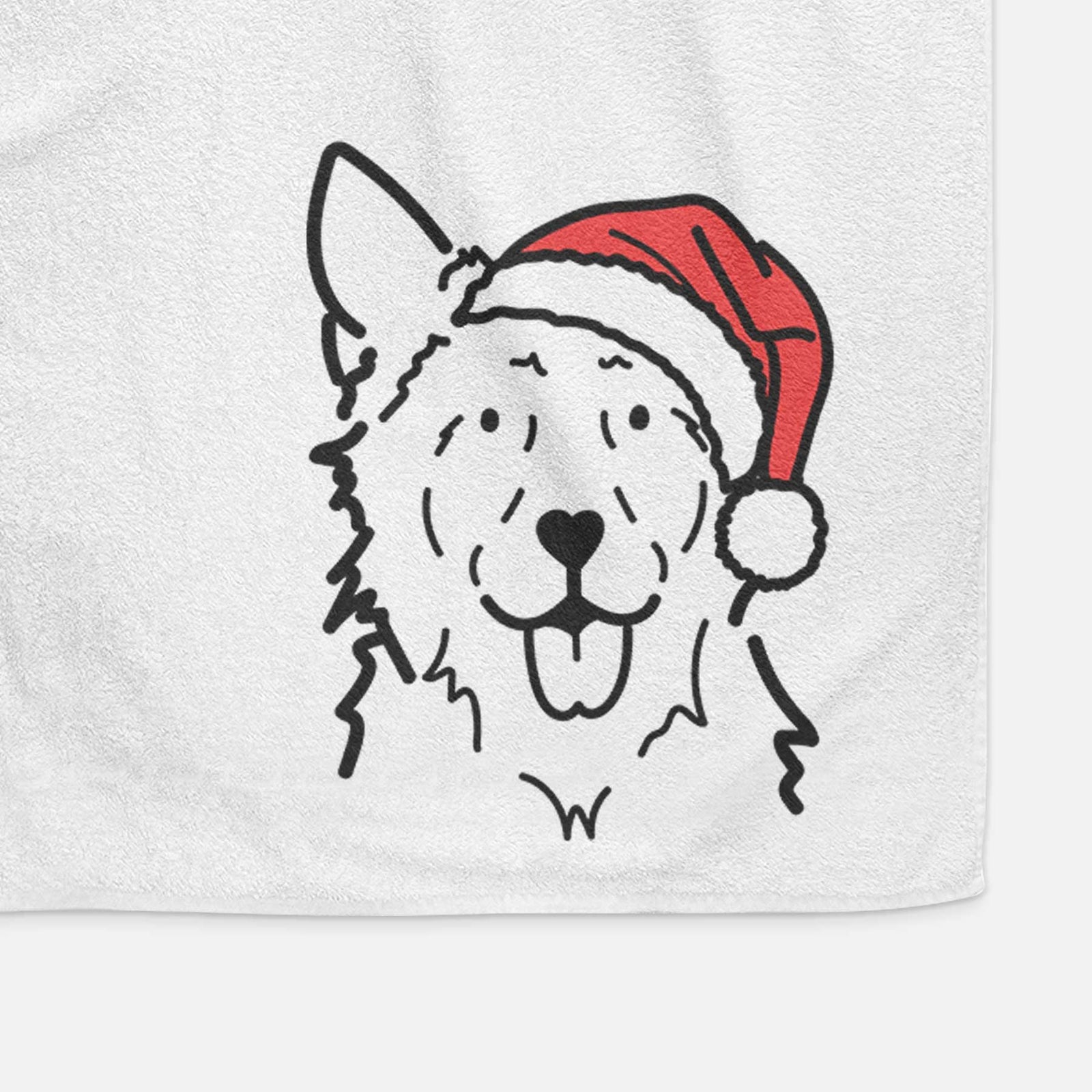 Minimalist line drawing of Jack the Mudi wearing a Santa hat on a decorative hand towel