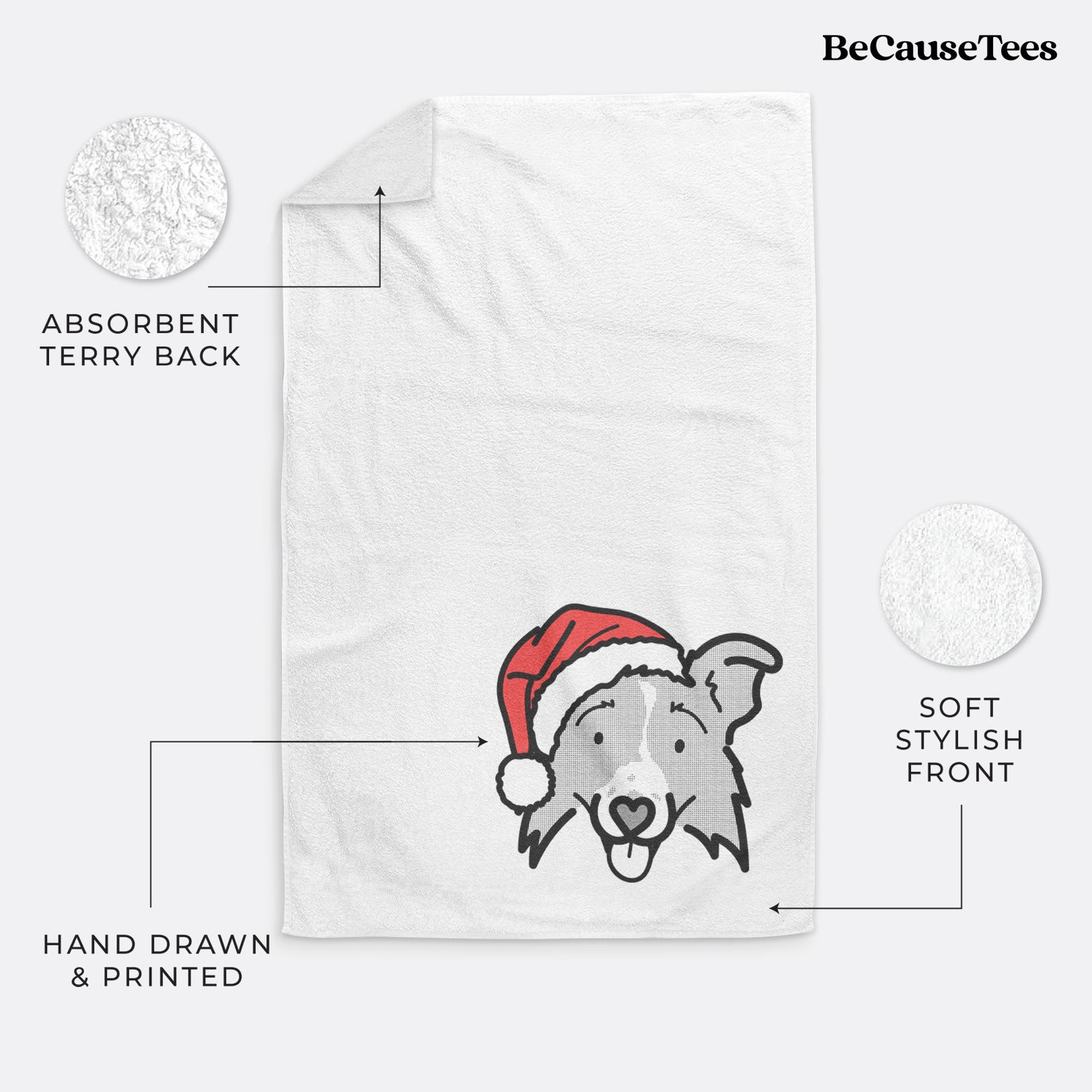 Minimalist line drawing of Jam the Border Collie 2.0 wearing a Santa hat on a decorative hand towel