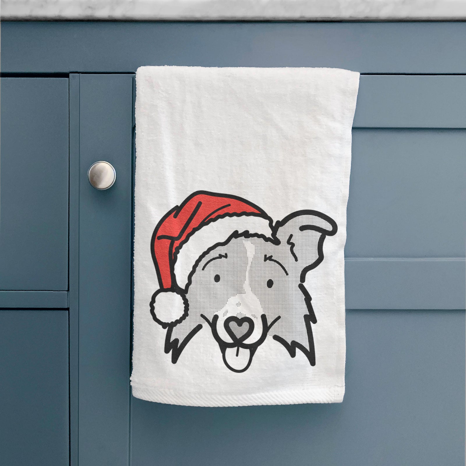Minimalist line drawing of Jam the Border Collie 2.0 wearing a Santa hat on a decorative hand towel