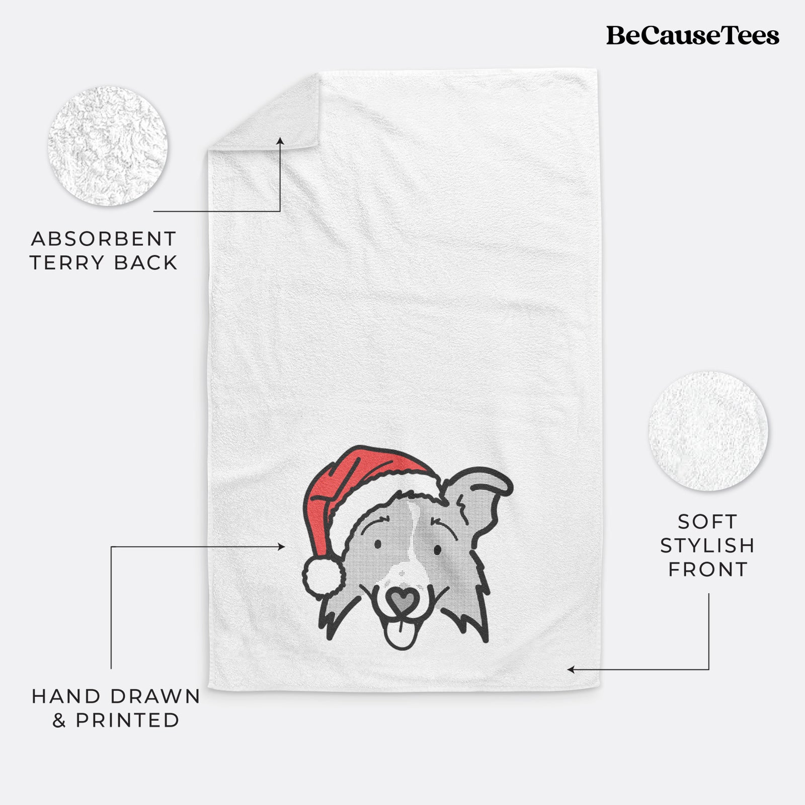 Minimalist line drawing of Jam the Border Collie 2.0 wearing a Santa hat on a decorative hand towel