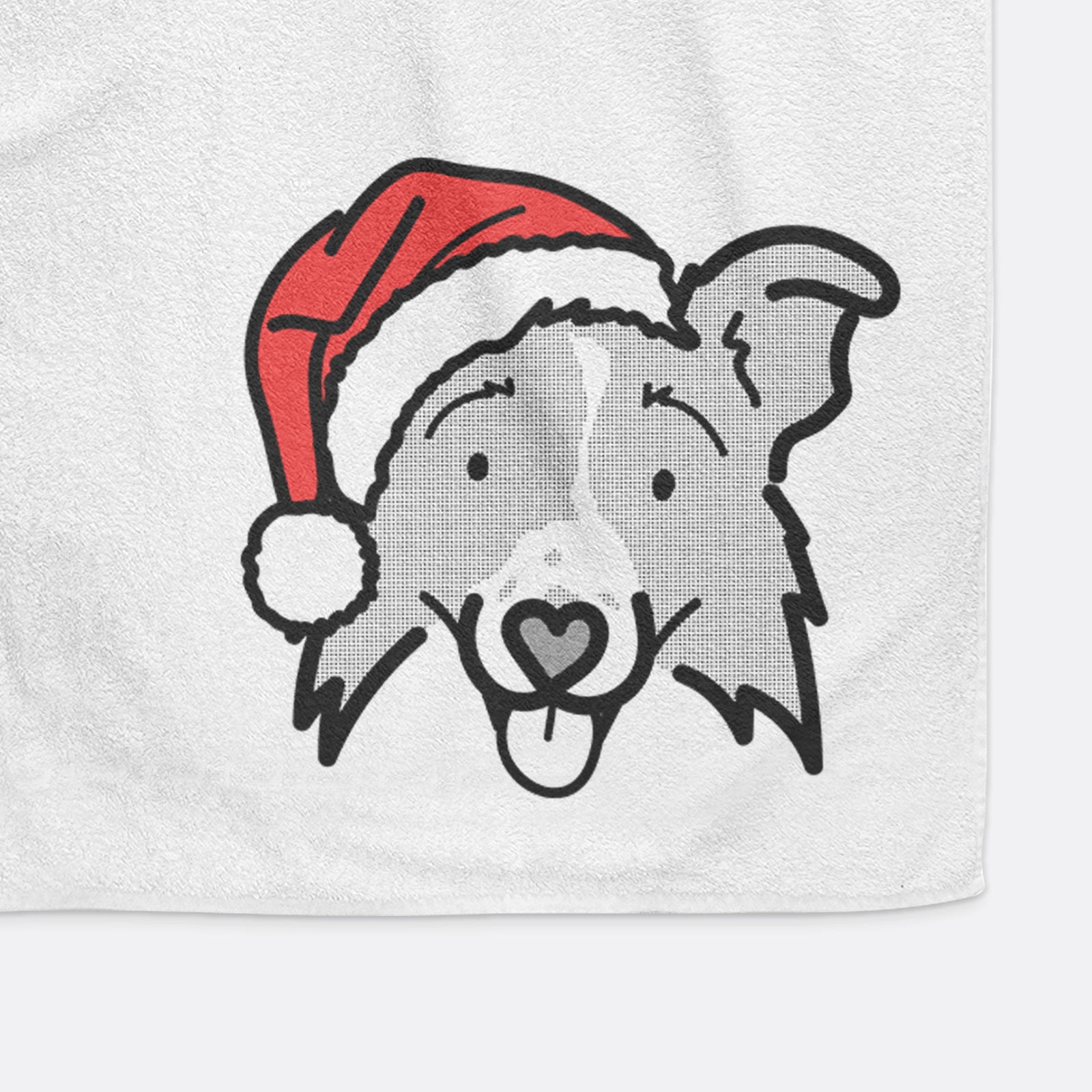 Minimalist line drawing of Jam the Border Collie 2.0 wearing a Santa hat on a decorative hand towel