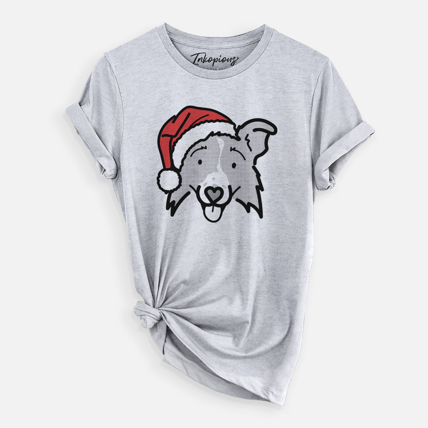 Minimalist line drawing of Jam the Border Collie 2.0 wearing a Santa hat on a Grey Unisex crewneck