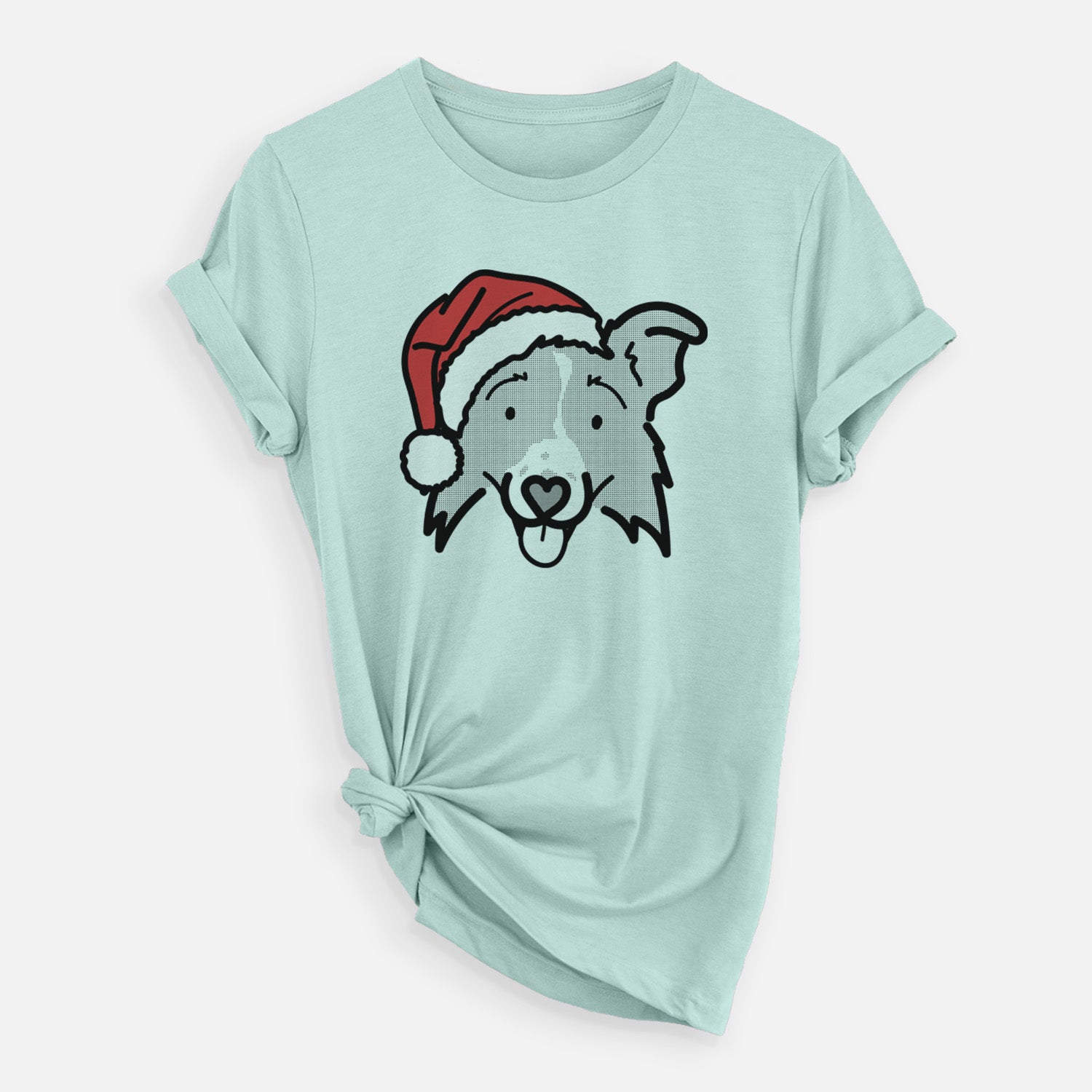 Minimalist line drawing of Jam the Border Collie 2.0 wearing a Santa hat on a Heather Sage Unisex crewneck