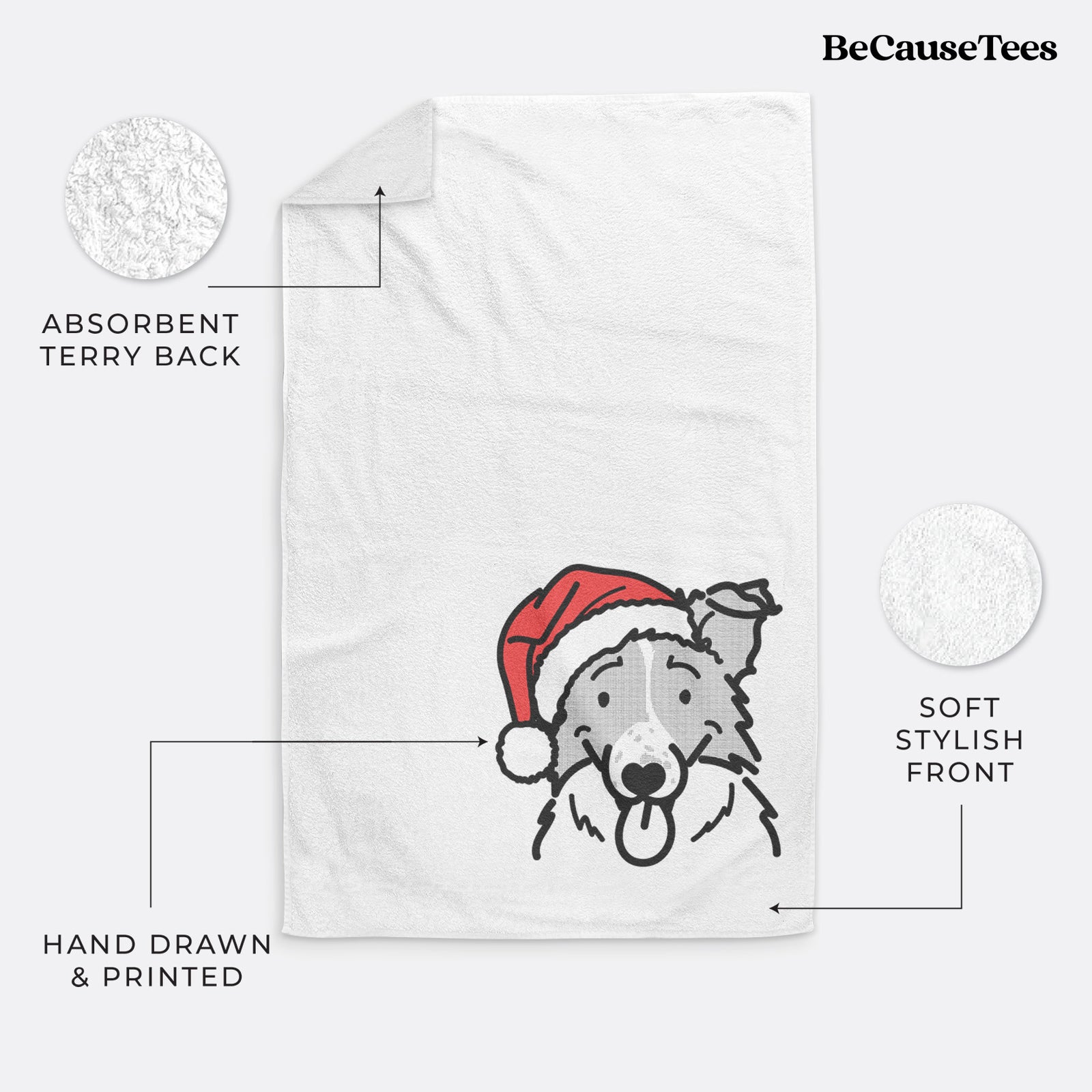 Minimalist line drawing of Jam the Border Collie wearing a Santa hat on a decorative hand towel