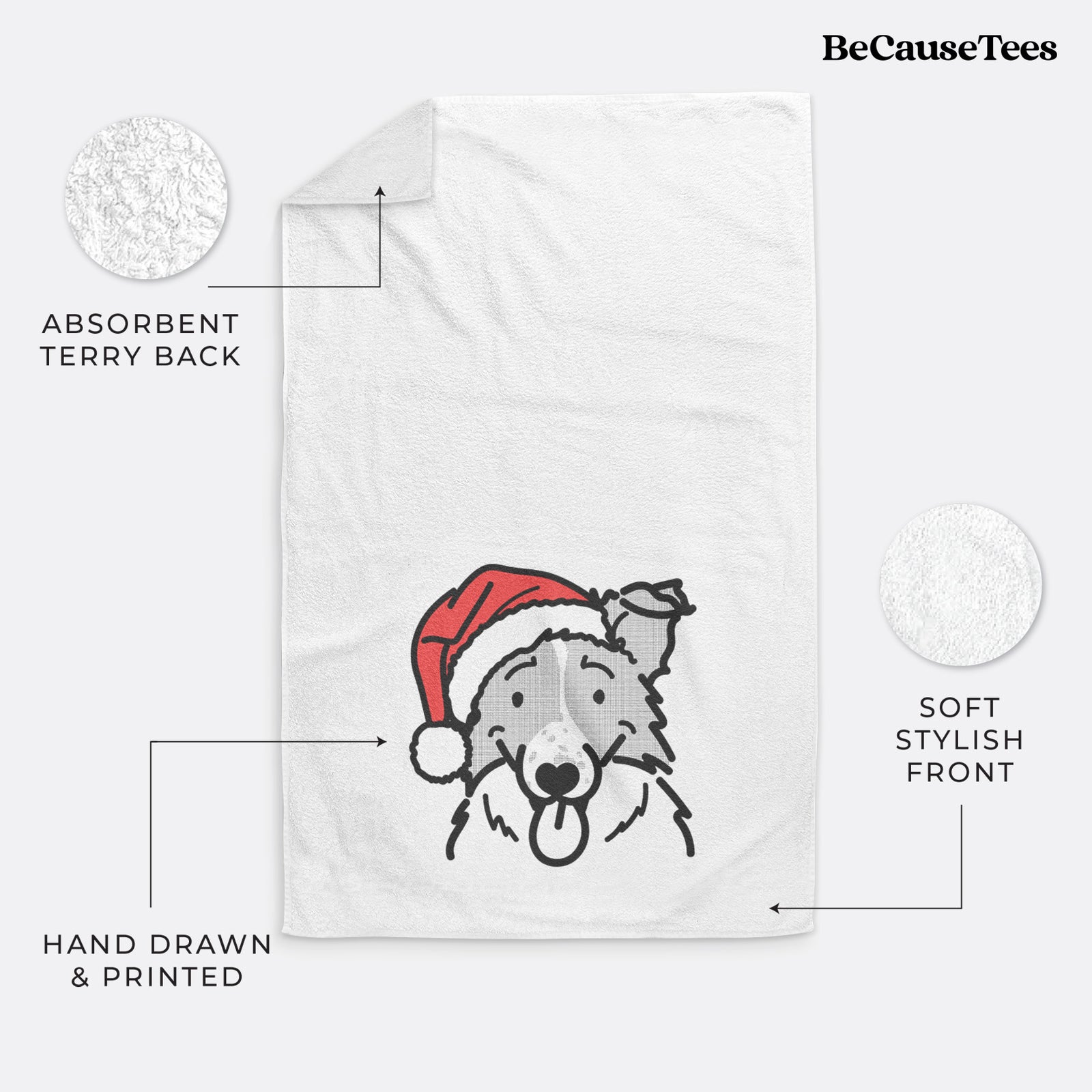 Minimalist line drawing of Jam the Border Collie wearing a Santa hat on a decorative hand towel