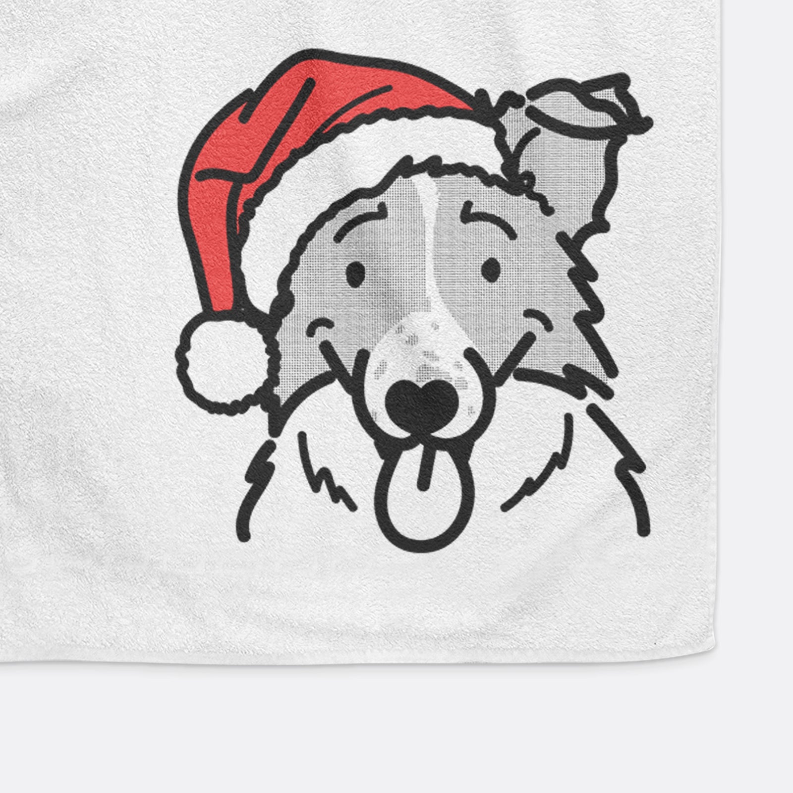 Minimalist line drawing of Jam the Border Collie wearing a Santa hat on a decorative hand towel