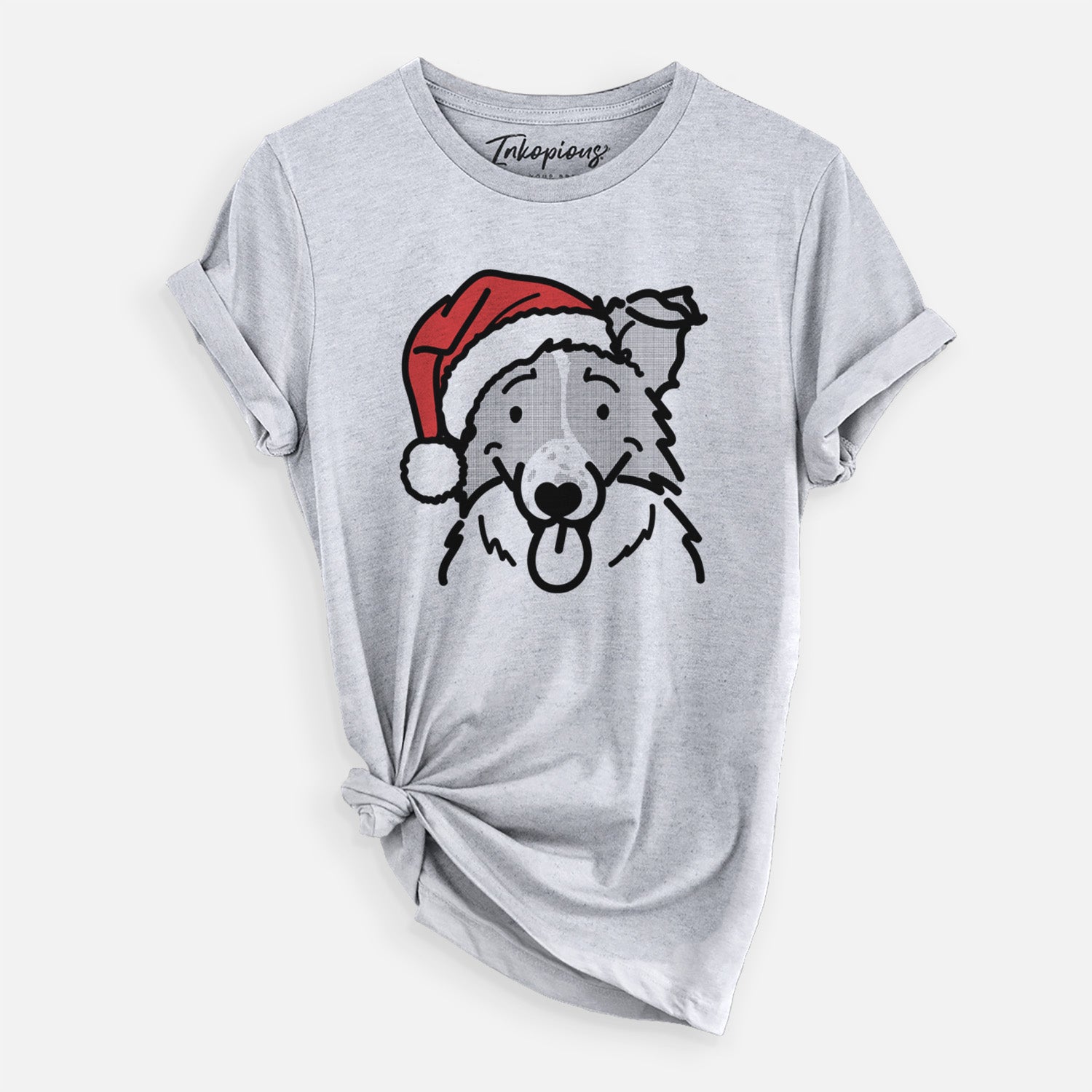 Minimalist line drawing of Jam the Border Collie wearing a Santa hat on a Grey Unisex crewneck