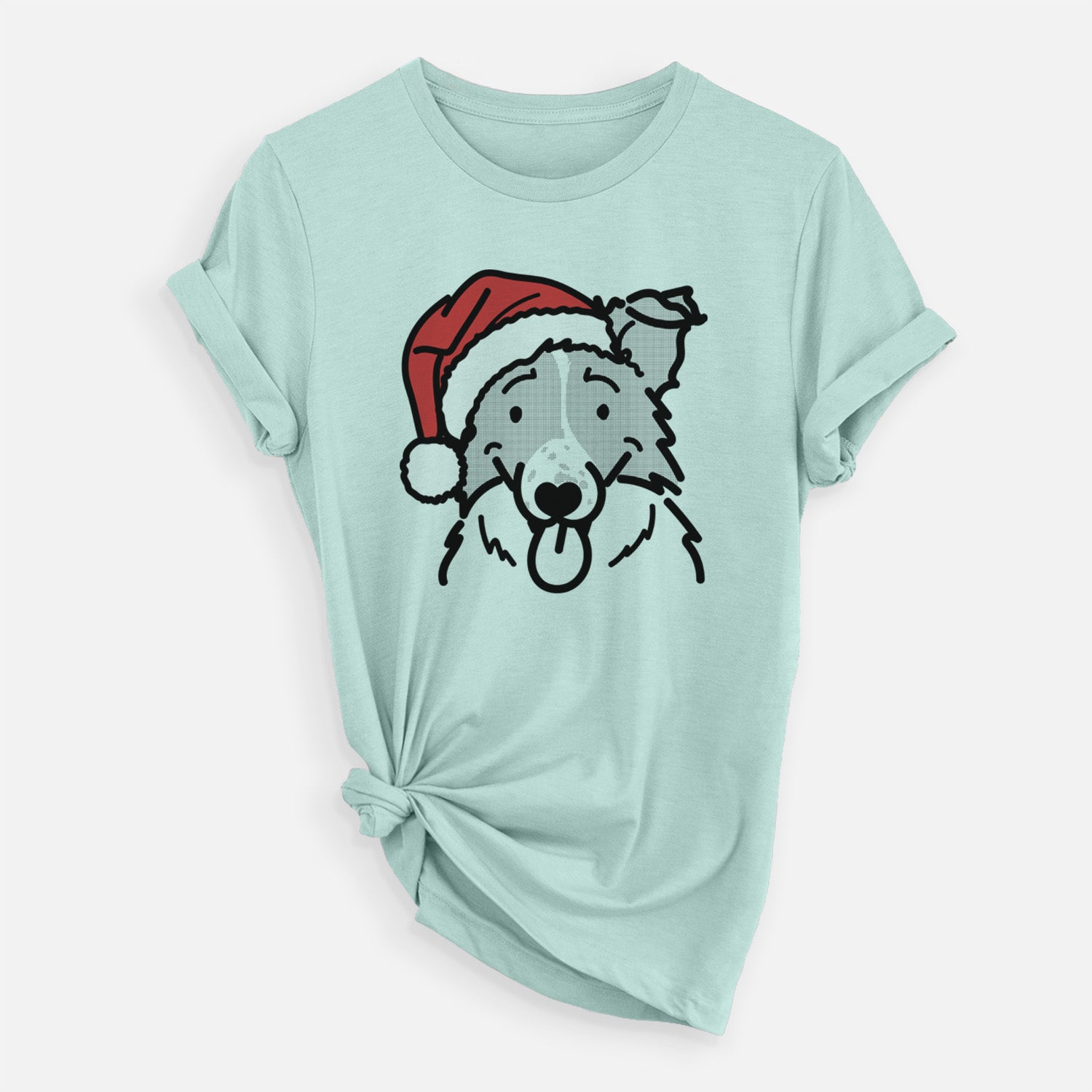Minimalist line drawing of Jam the Border Collie wearing a Santa hat on a Heather Sage Unisex crewneck