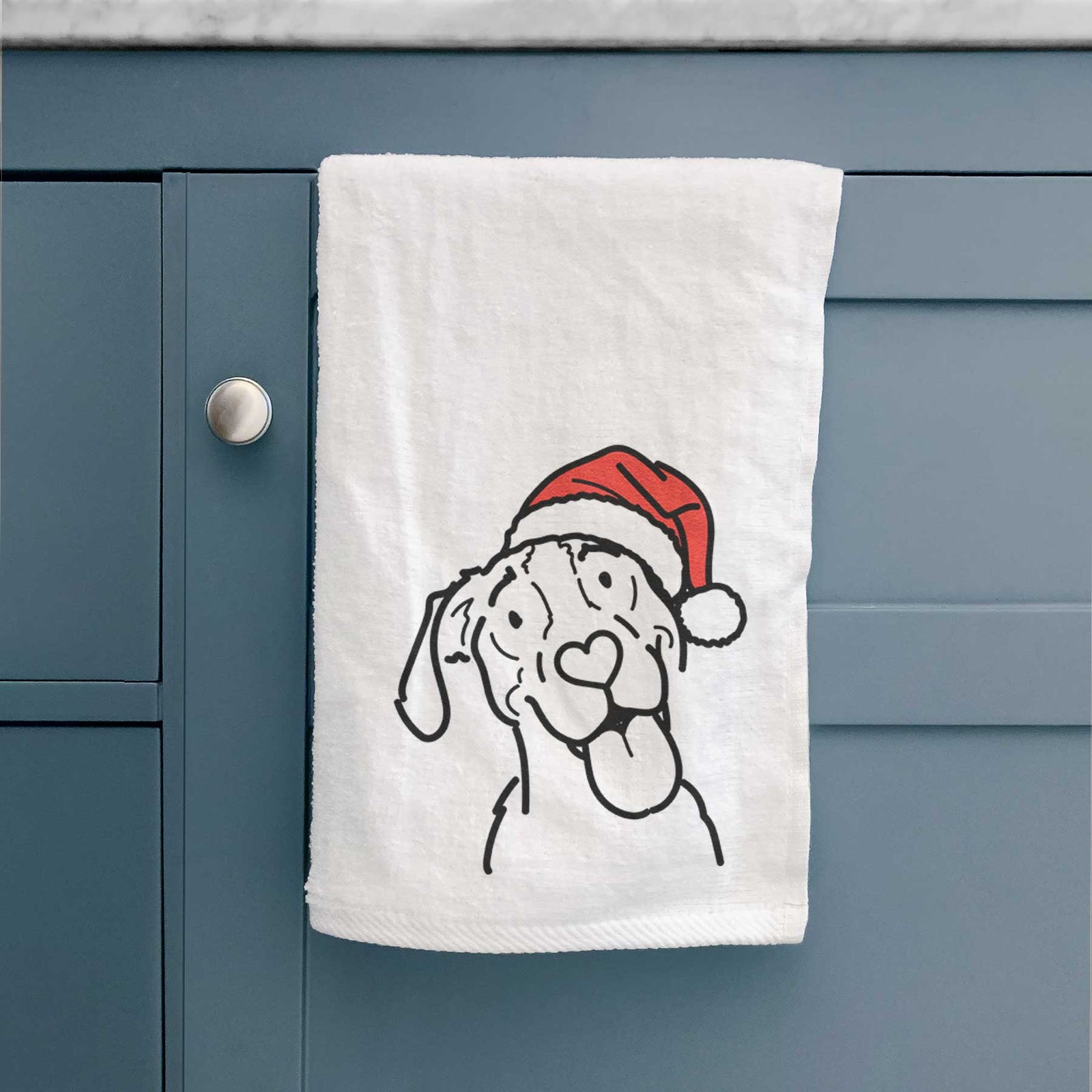 Minimalist line drawing of Kimble the Treeing Walker Coonhound wearing a Santa hat on a decorative hand towel