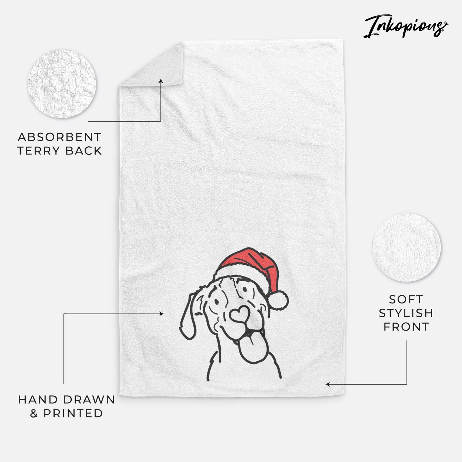Minimalist line drawing of Kimble the Treeing Walker Coonhound wearing a Santa hat on a decorative hand towel