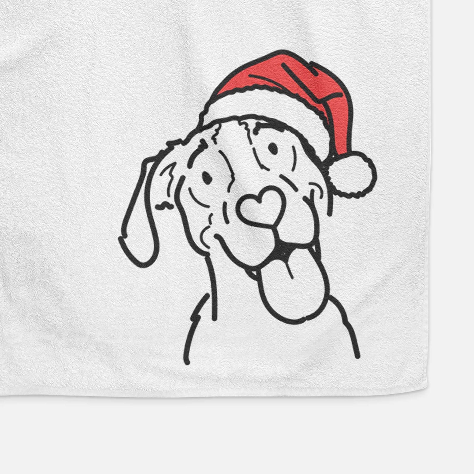 Minimalist line drawing of Kimble the Treeing Walker Coonhound wearing a Santa hat on a decorative hand towel